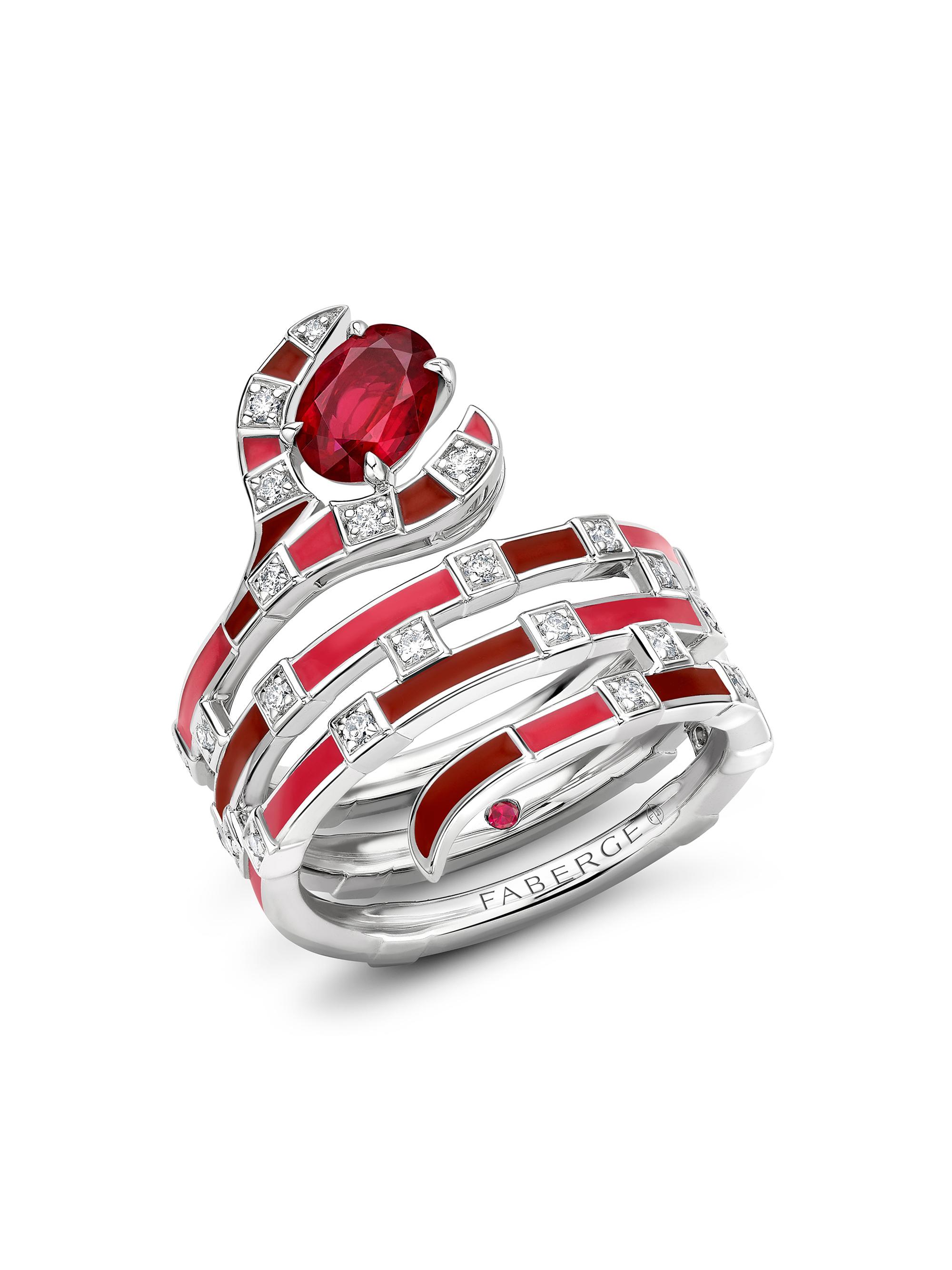 Fabergé Women's  x Beetlejuice Beetlejuice White Gold, Ruby & Red Enamel Sandworm Spiral Wrap Ring - Red