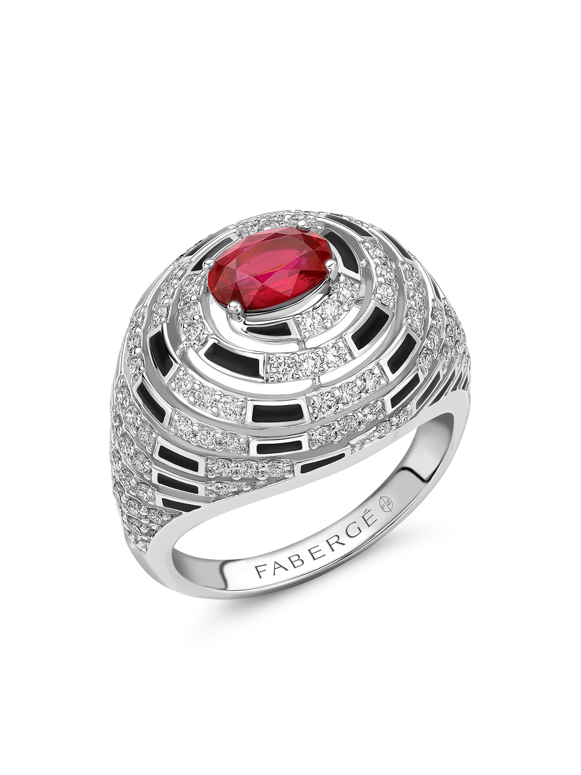 Fabergé Women's  x Beetlejuice Beetlejuice White Gold Ruby, Diamond and Black Enamel Spiral Bombe Ring - Red