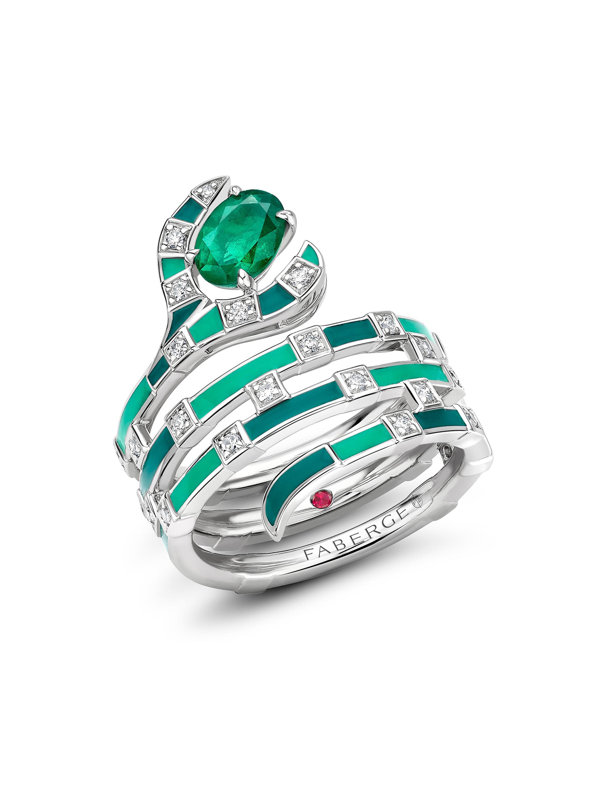 Fabergé Women's  x Beetlejuice Beetlejuice White Gold, Emerald & Green Enamel Sandworm Spiral Wrap Ring - Green
