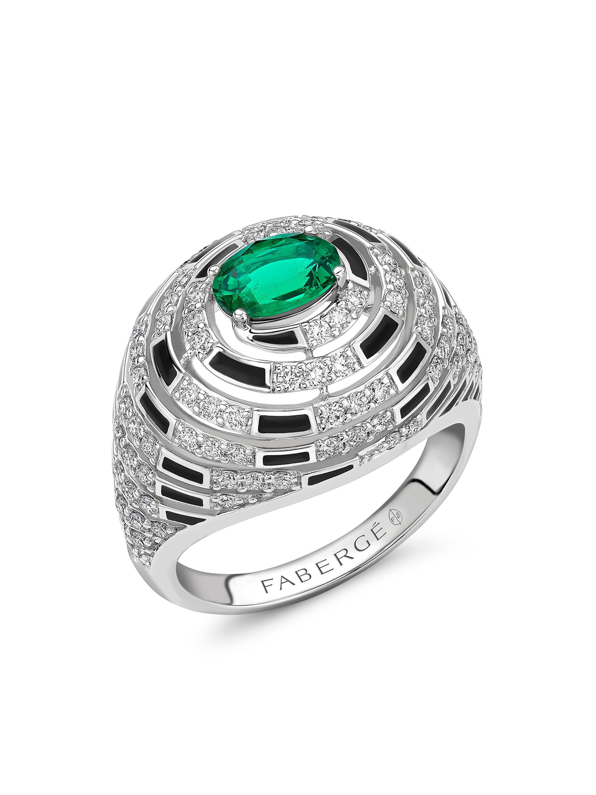 Fabergé Women's  x Beetlejuice Beetlejuice White Gold Emerald, Diamond and Black Enamel Spiral Bombe Ring - Green