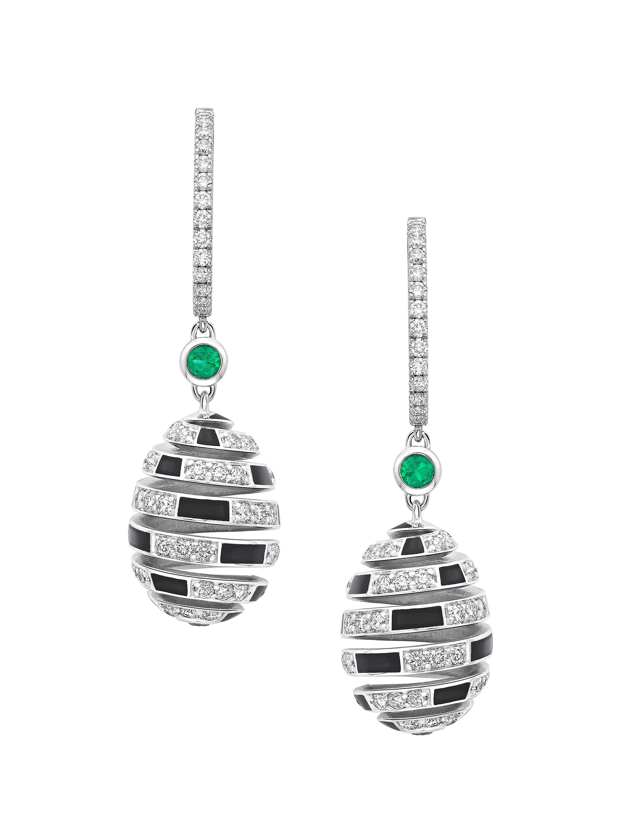 Fabergé Women's  x Beetlejuice Beetlejuice White Gold, Emerald & Black Enamel Spiral Earrings - Green