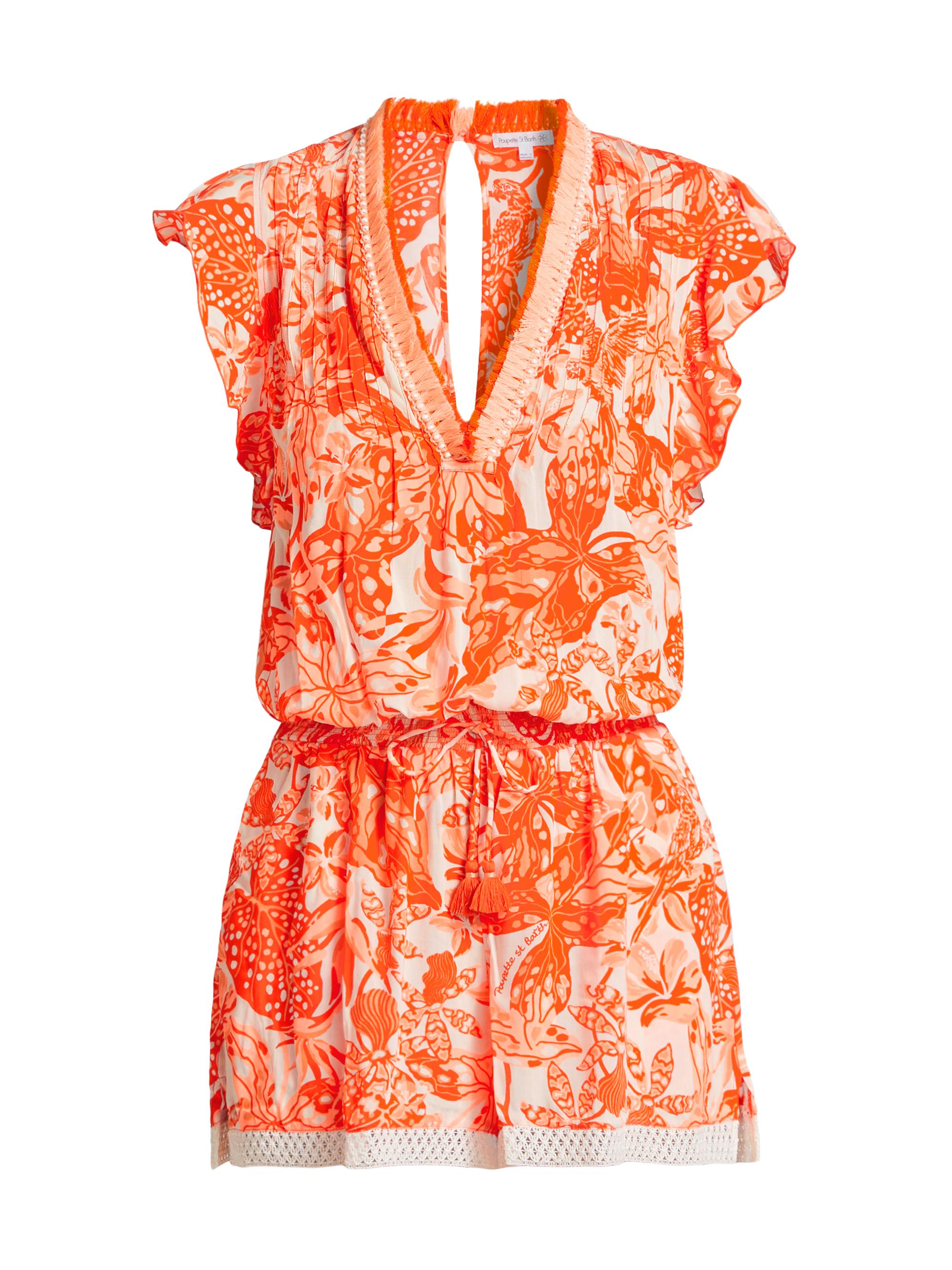 Poupette St Barth Women's Sasha Floral Knit Drawstring Romper - Orange Jengel