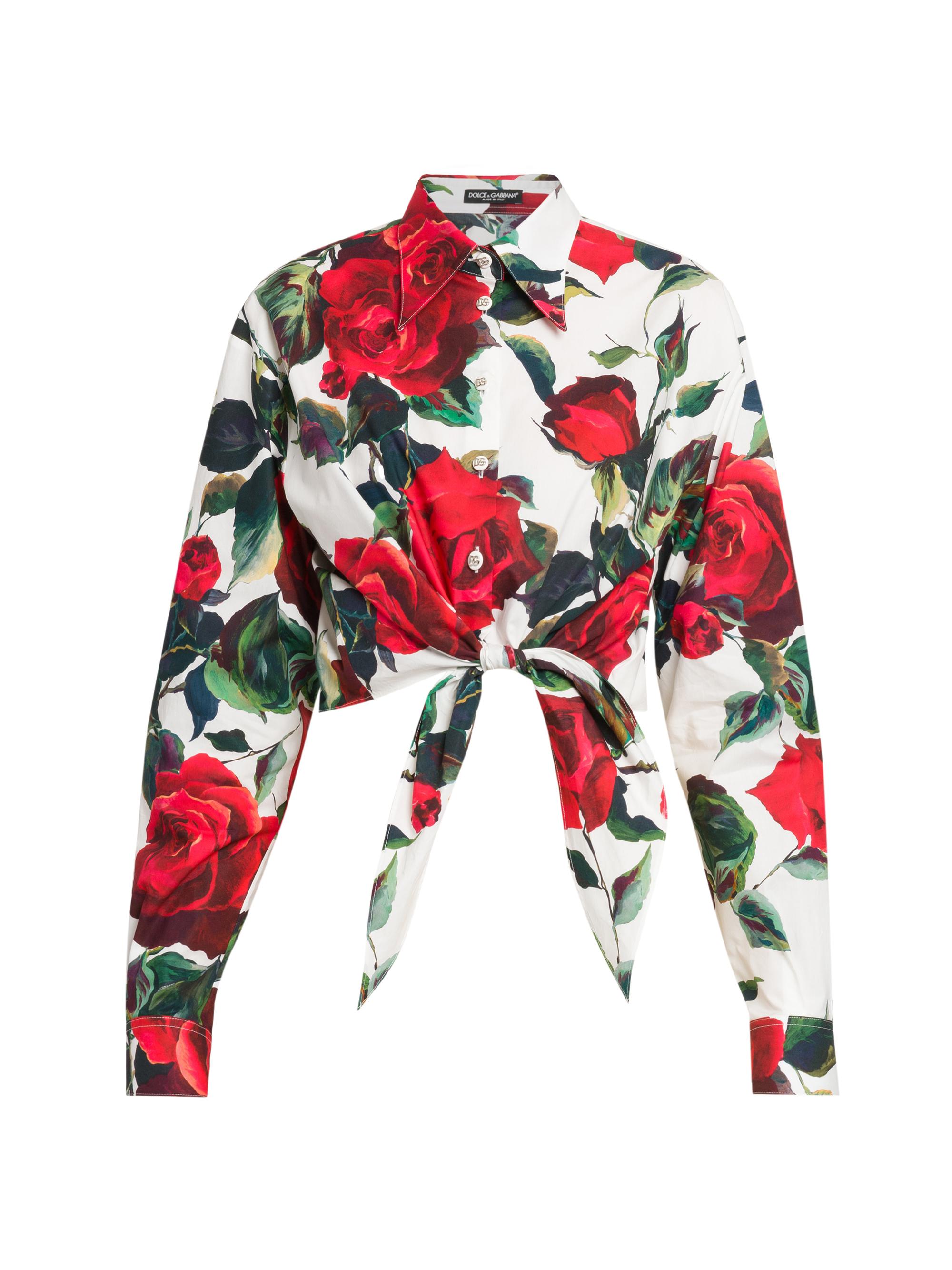 Dolce & Gabbana Women's Roses Cotton Tie-Front Crop Shirt - Rosa Rossa