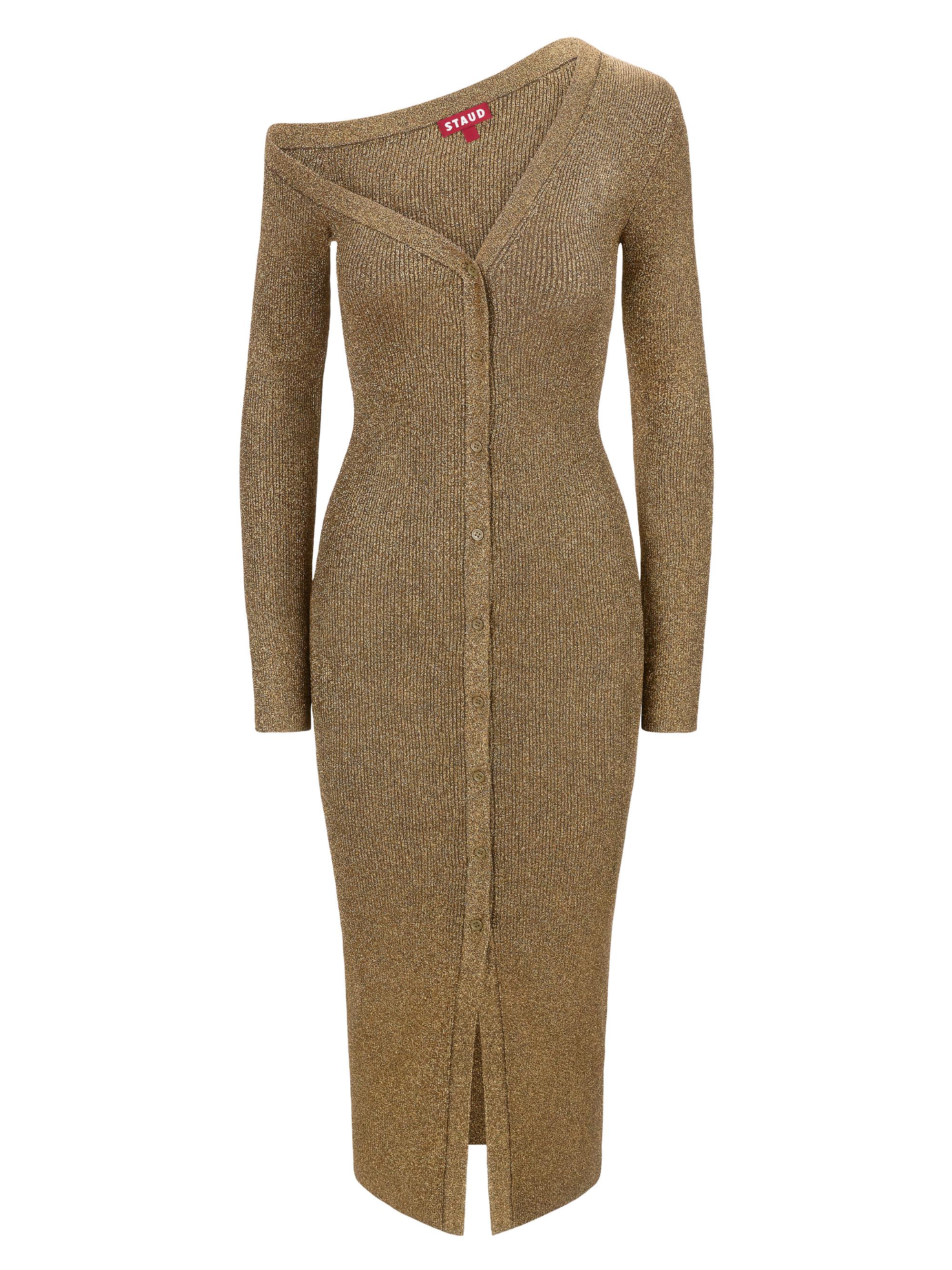 Staud Women's Craftsman Metallic Rib-Knit Asymmetric Sweaterdress - Metallic Gold