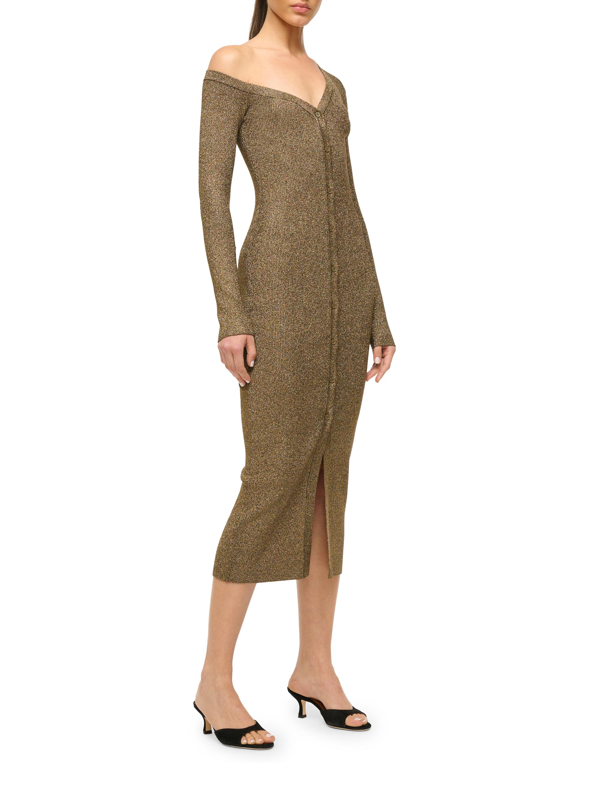 Staud Craftsman Metallic Rib-Knit Asymmetric Sweaterdress