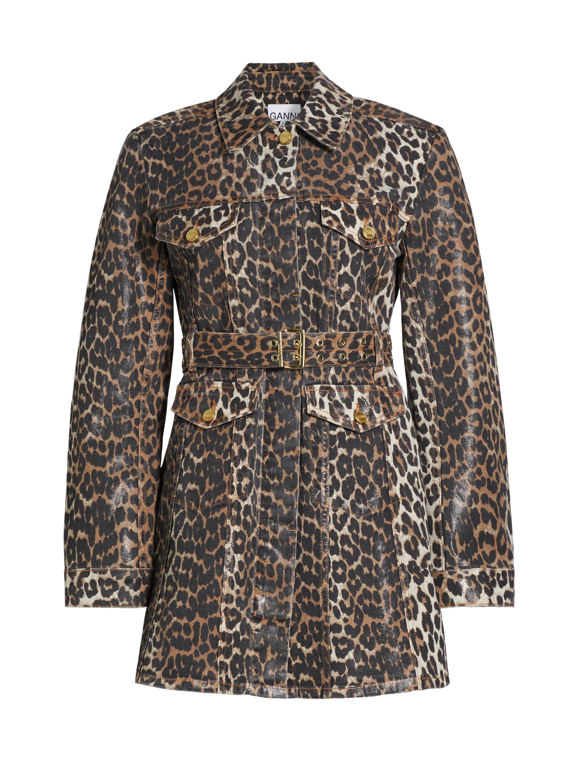 Ganni Leopard Print Denim Mini Shirtdress | Saks Fifth Avenue