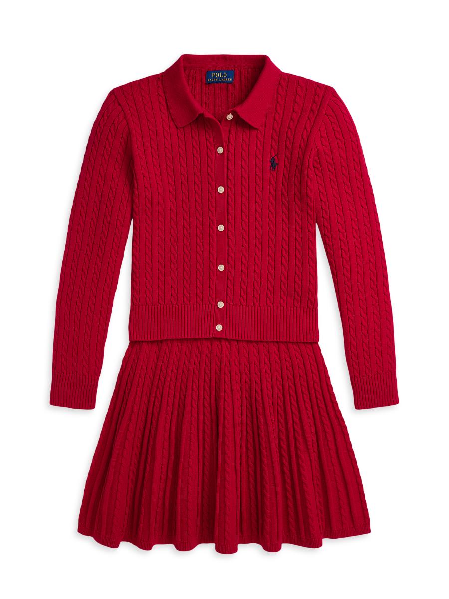 Polo Ralph Lauren Girl's Little Girl's & Girl's 2-piece Cable-knit Cardigan & Skirt Set In Red Navy