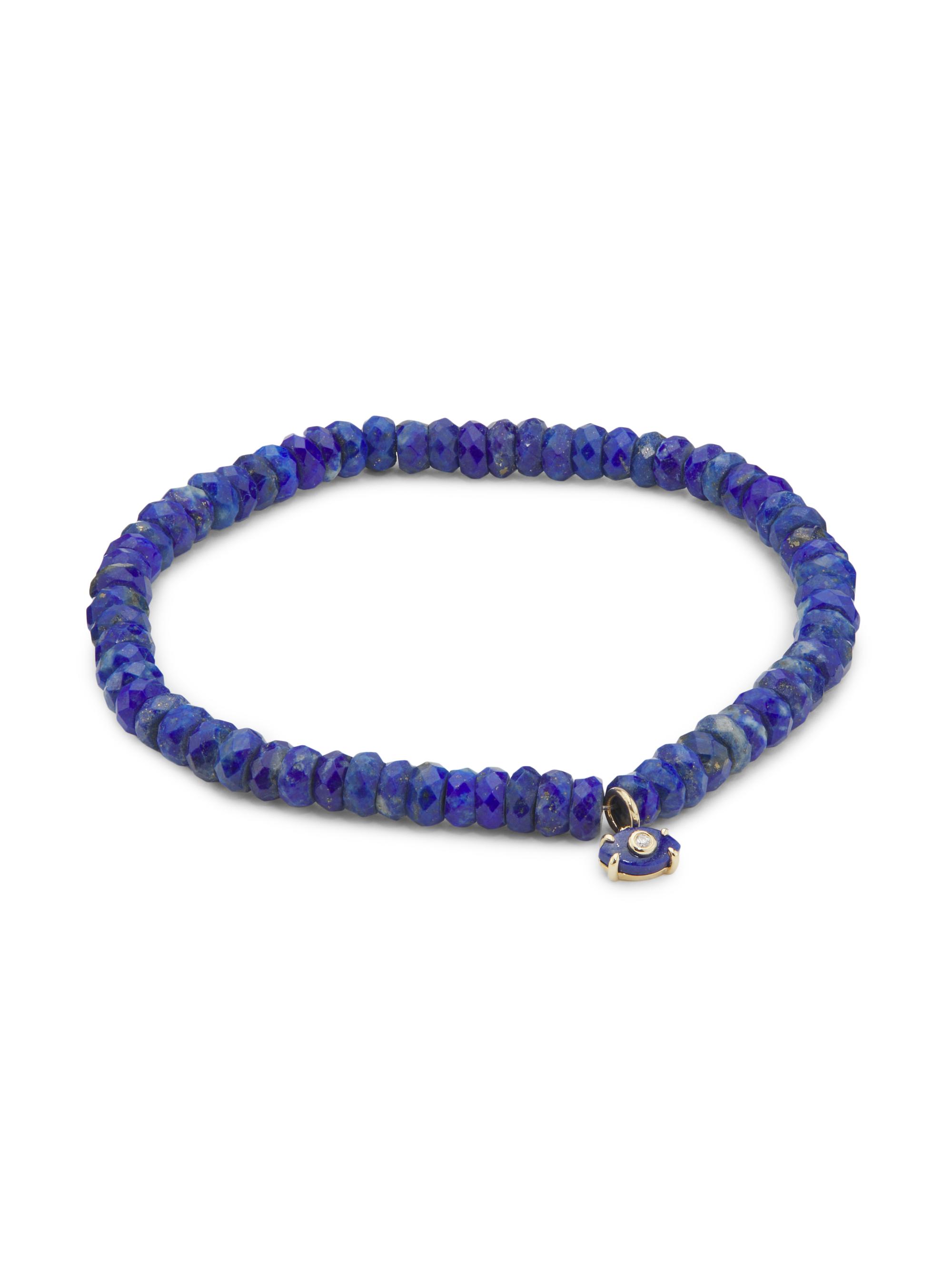 Sydney Evan Women's 14K Yellow Gold, Lapis Lazuli & 0.01 TCW Diamond Evil Eye Beaded Stretch Bracelet - Lapis