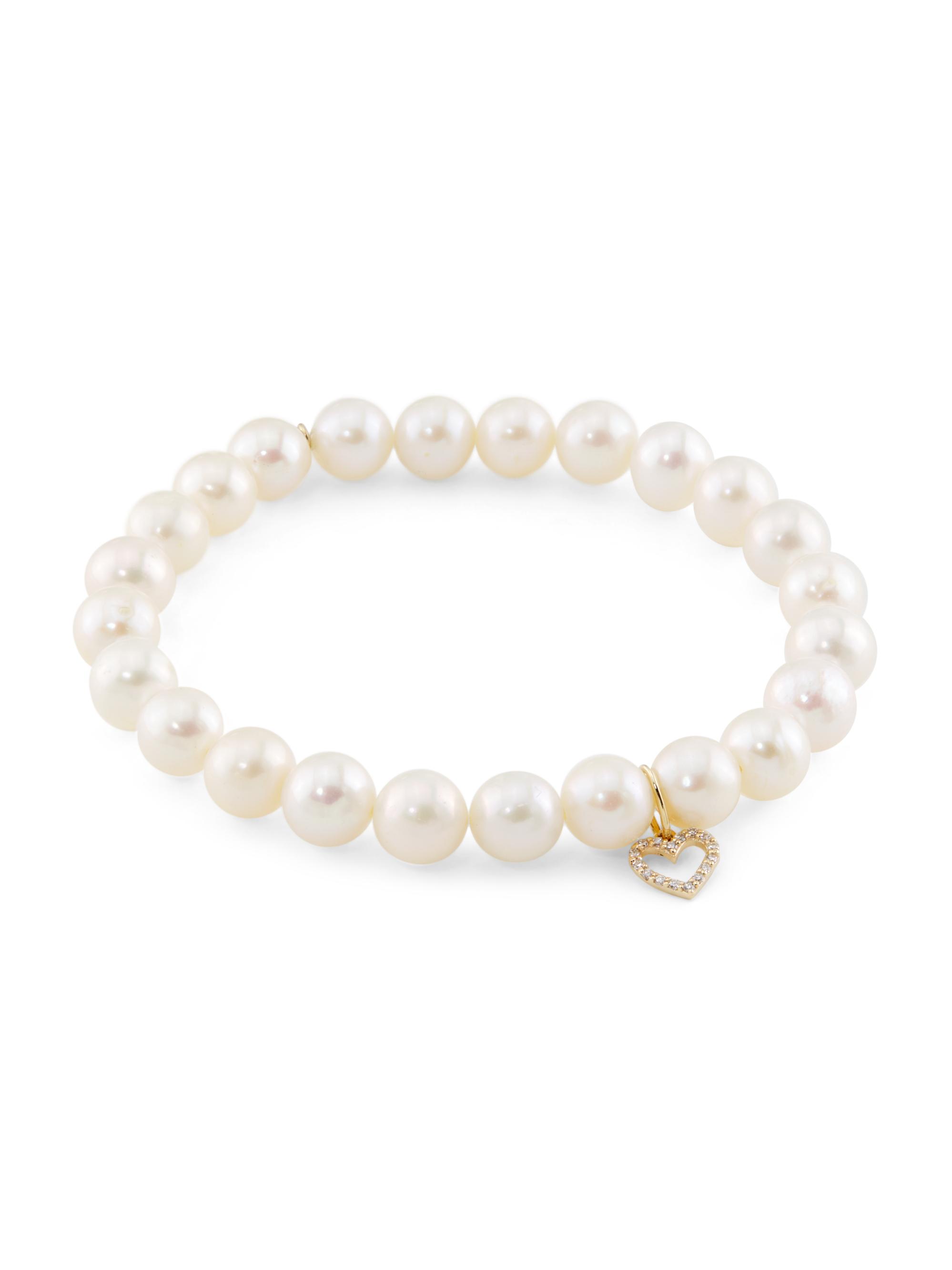 Sydney Evan Women's 14K Yellow Gold, Freshwater Pearl & 0.06 TCW Diamond Heart Charm Bracelet - Pearl