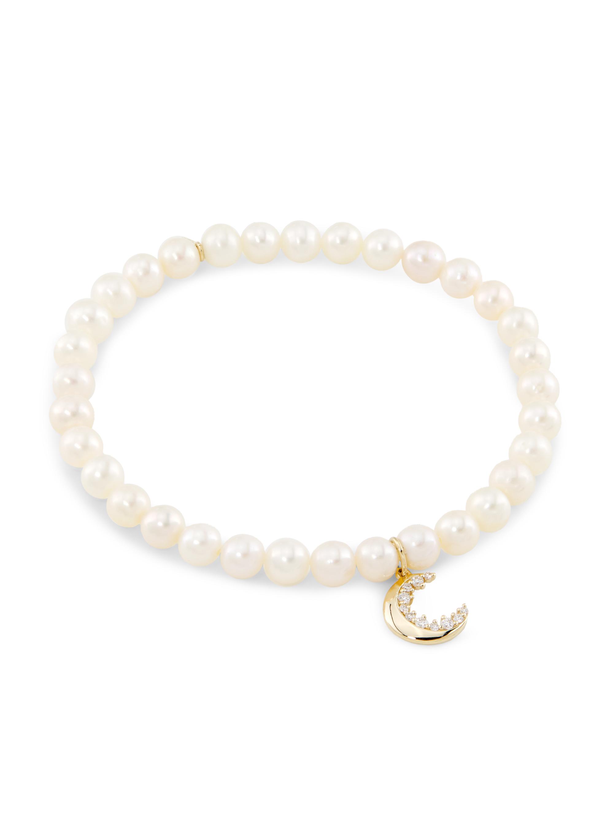 Sydney Evan Women's 14K Yellow Gold, Freshwater Pearl & 0.10 TCW Diamond Crescent Moon Charm Bracelet - Pearl