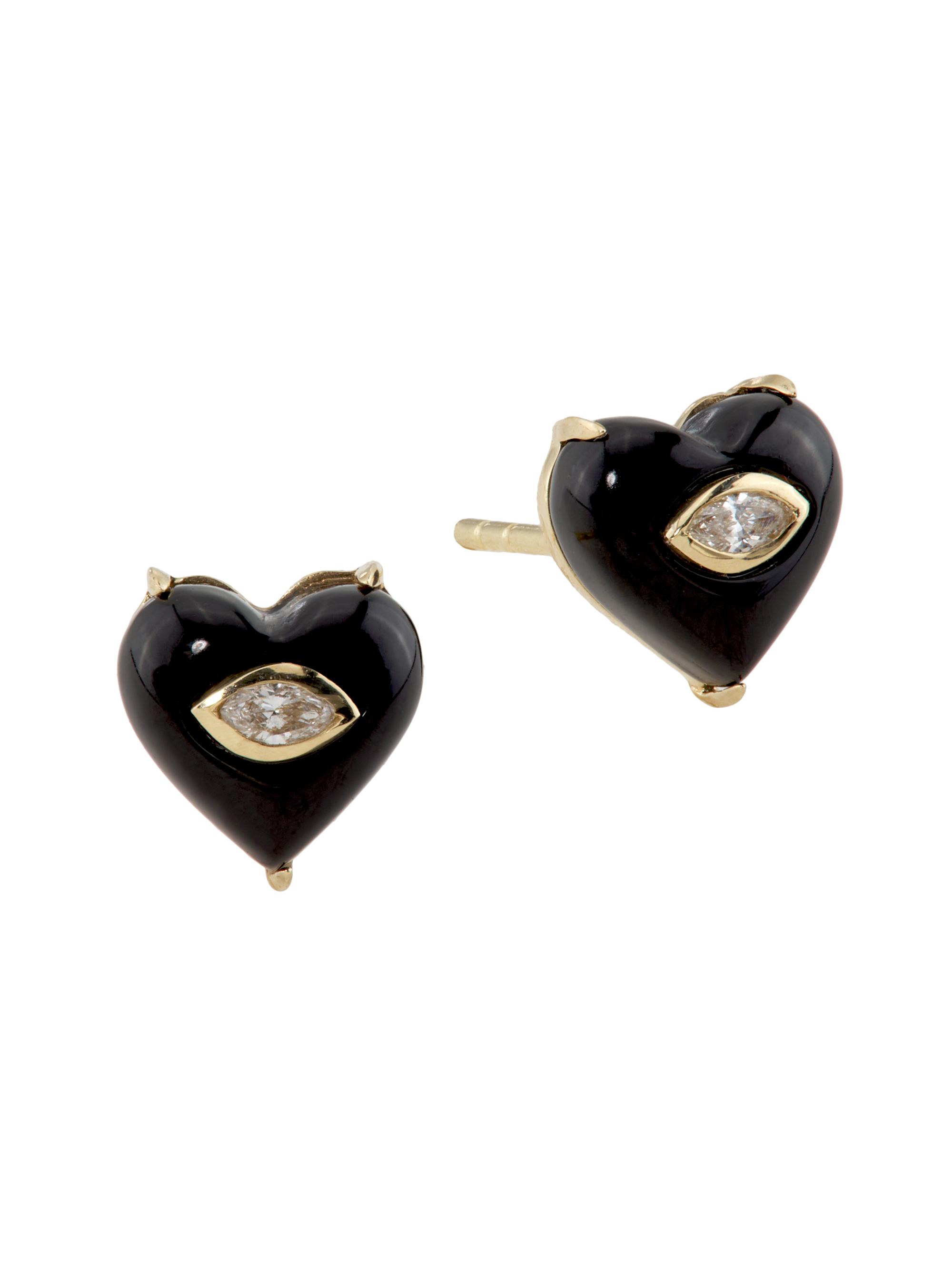 Sydney Evan Women's 14K Yellow Gold, Onyx & 0.07 TCW Diamond Heart Stud Earrings - Black