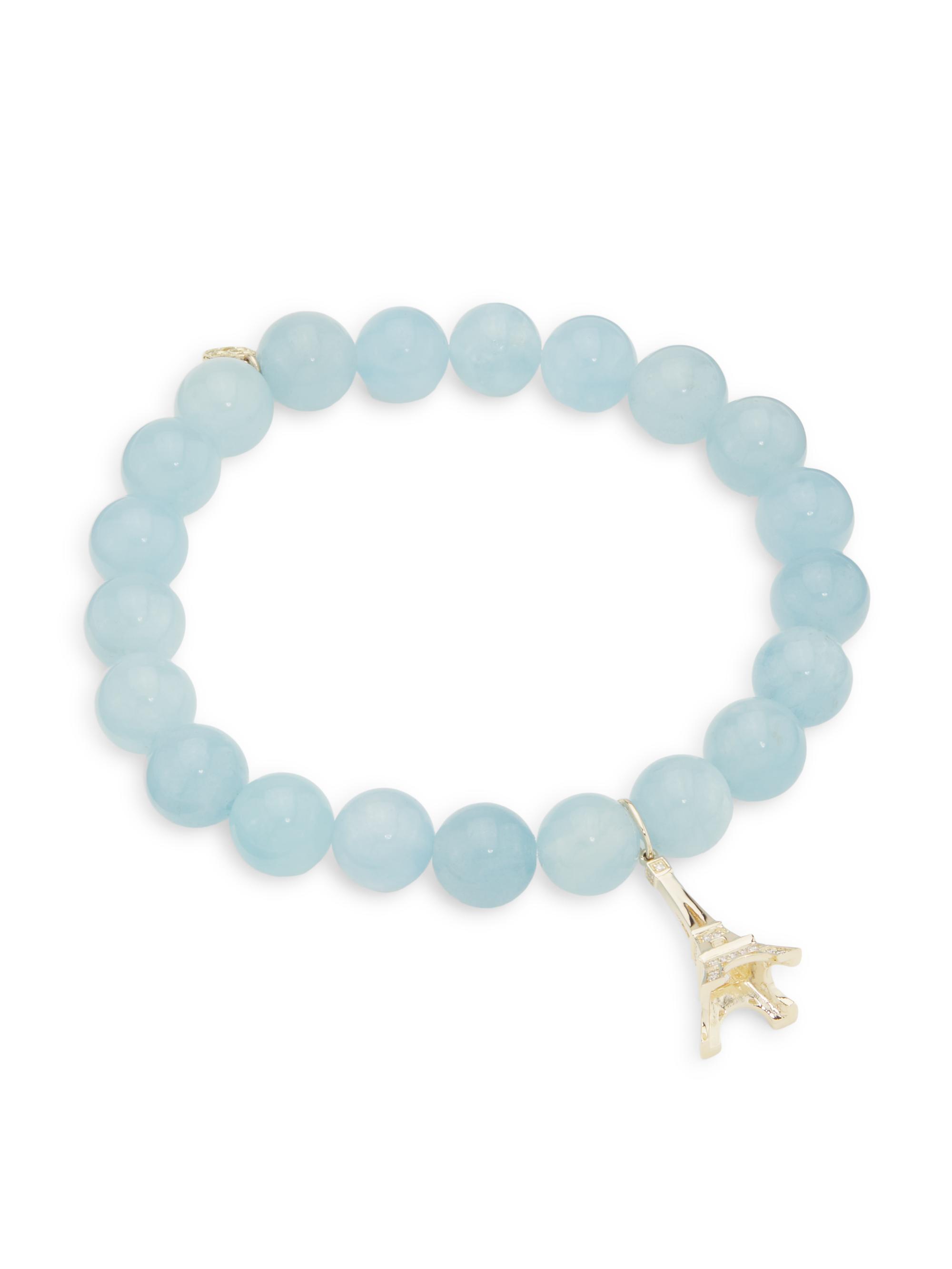 Sydney Evan Women's 14K Yellow Gold, Aquamarine & 0.15 TCW Diamond Eiffel Tower Beaded Stretch Bracelet - Aquamarine