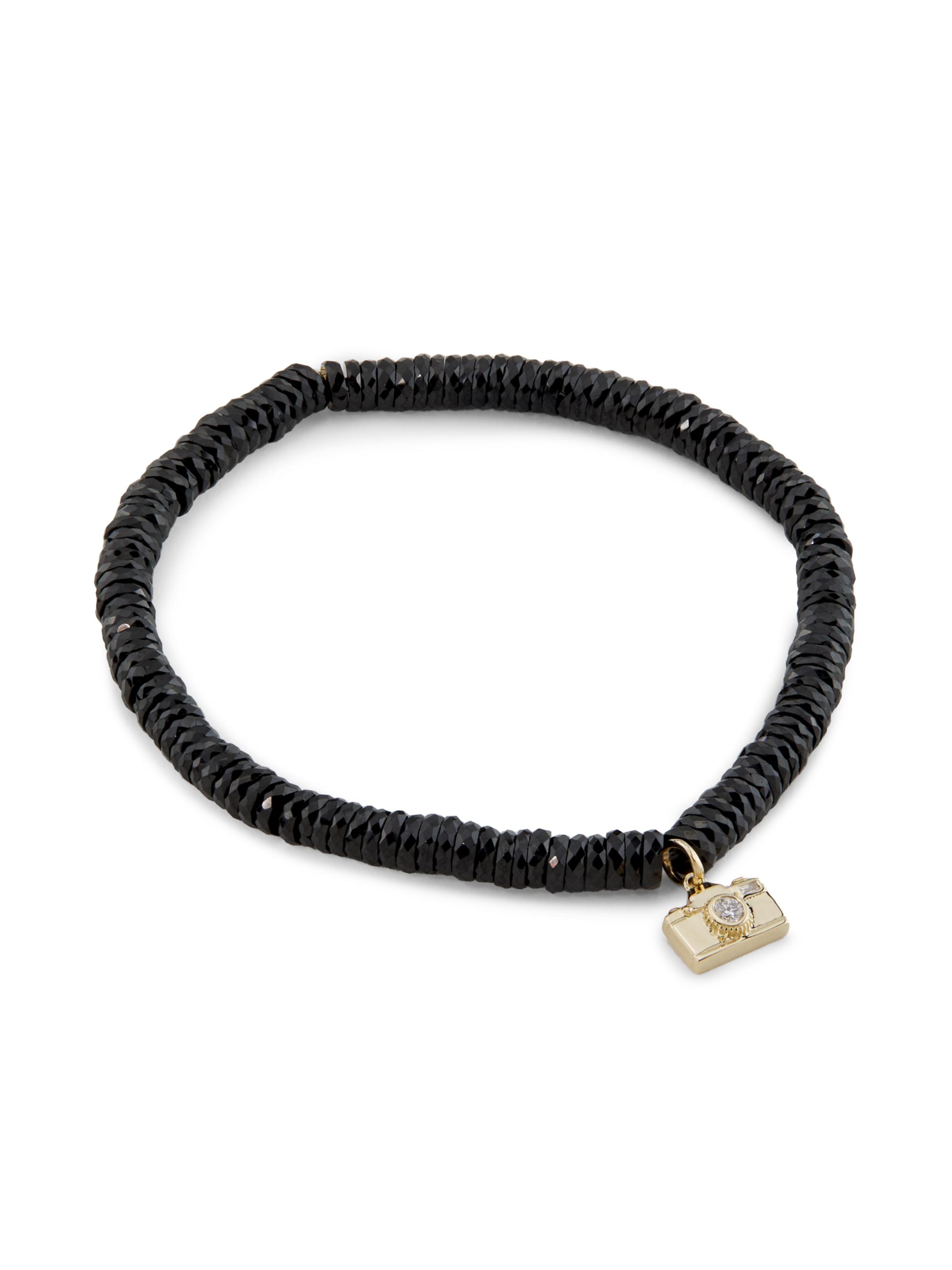 Sydney Evan Women's 14K Yellow Gold, Black Spinel & 0.04 TCW Diamond Beaded Camera Charm Bracelet - Black