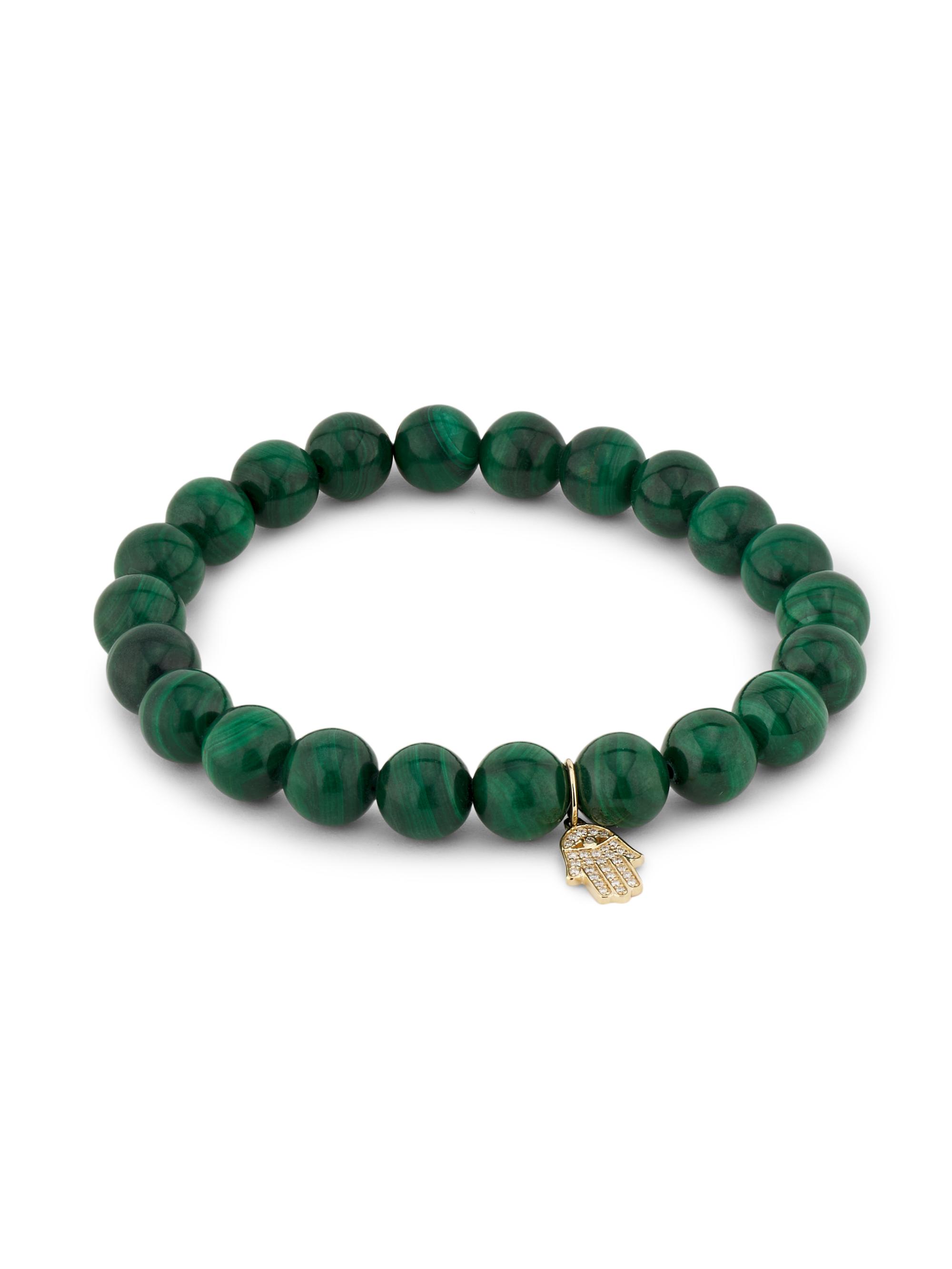 Sydney Evan Women's 14K Yellow Gold, Malachite & 0.08 TCW Diamond Hamsa Hand Beaded Stretch Bracelet - Malachite