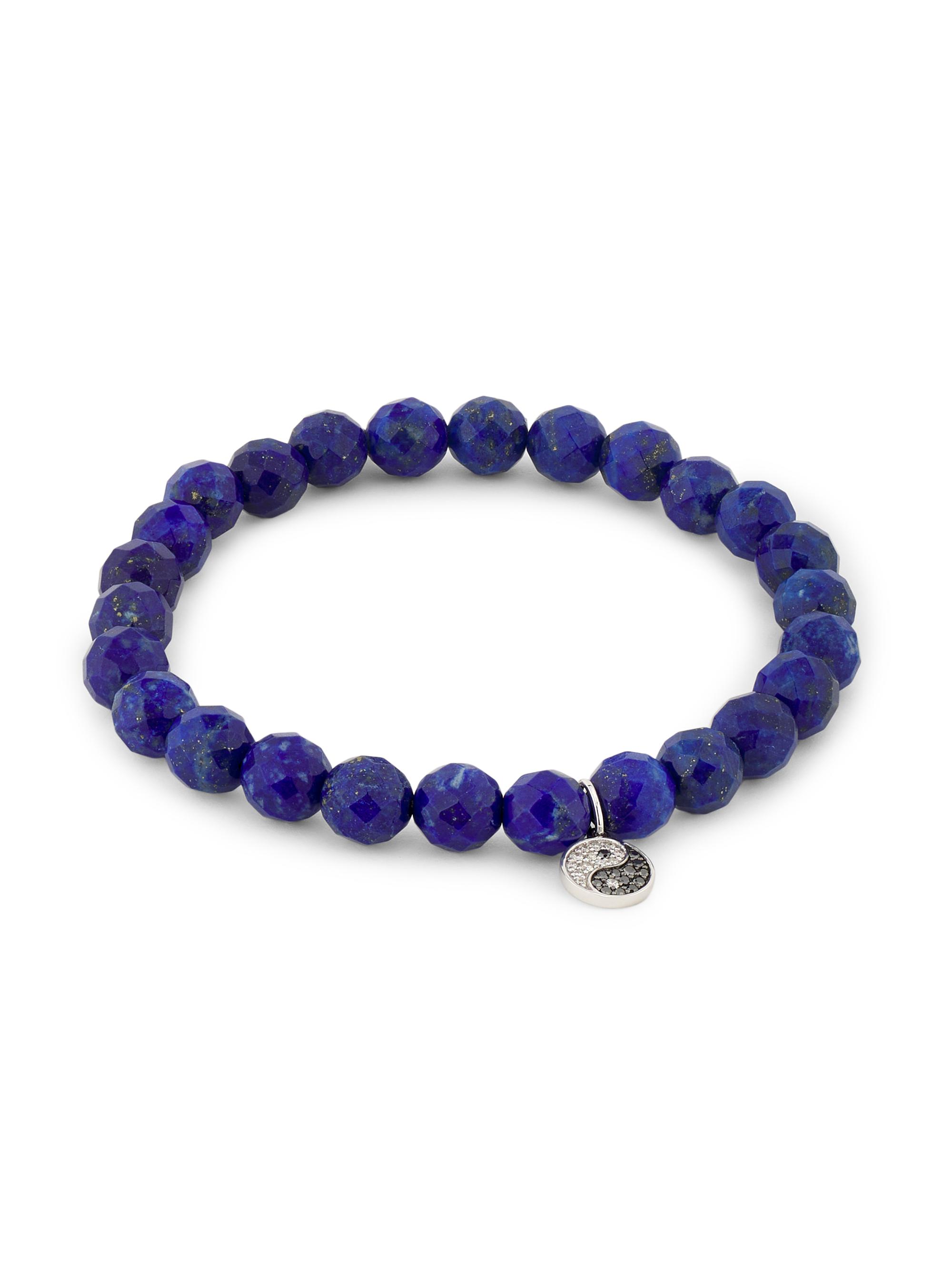 Sydney Evan Women's 14K White Gold, Lapis Lazuli & 0.08 TCW Diamond Yin & Yang Beaded Stretch Bracelet - Lapis