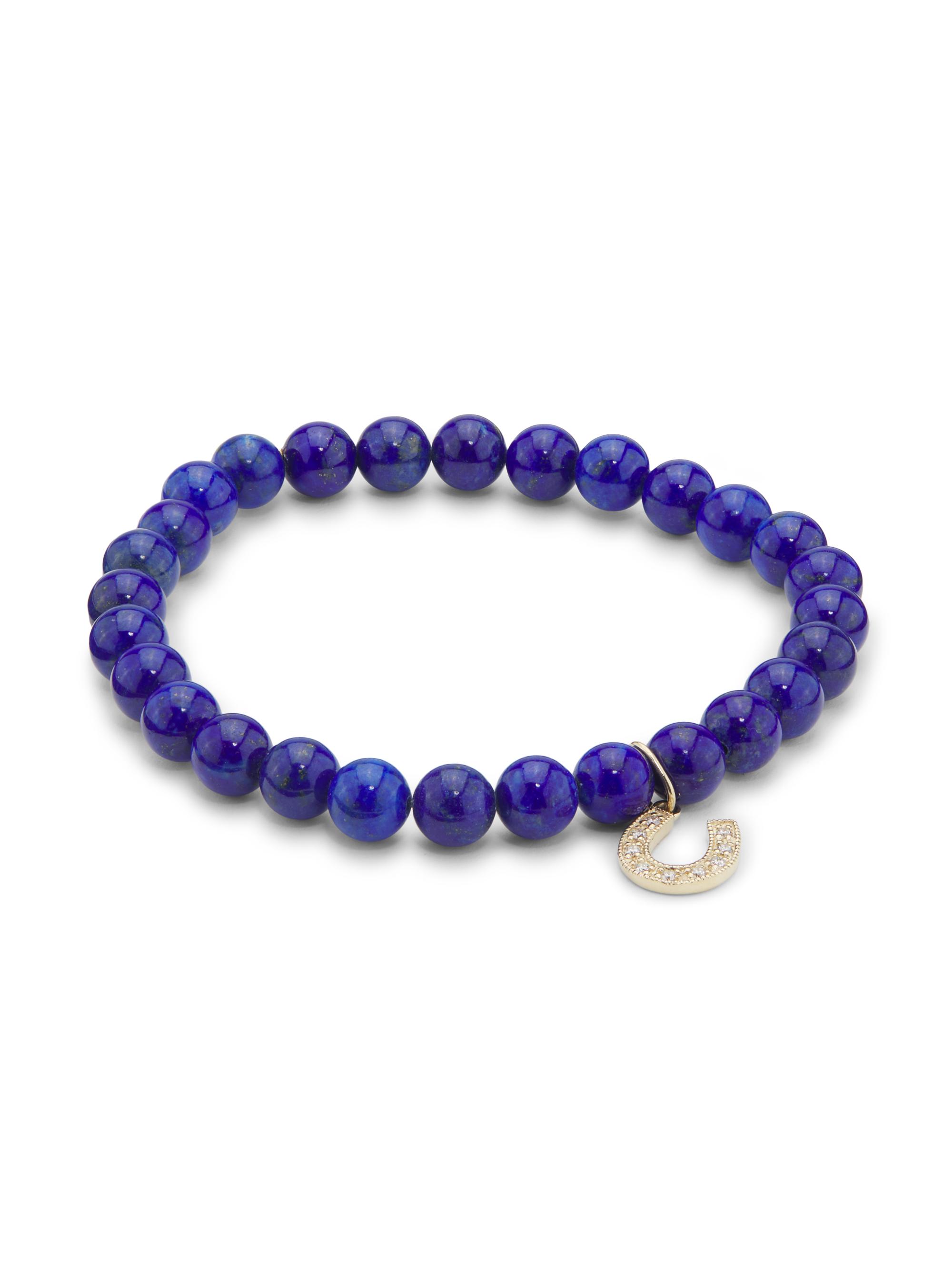 Sydney Evan Women's 14K Yellow Gold, Lapis Lazuli & 0.08 TCW Diamond Horseshoe Beaded Stretch Bracelet - Lapis