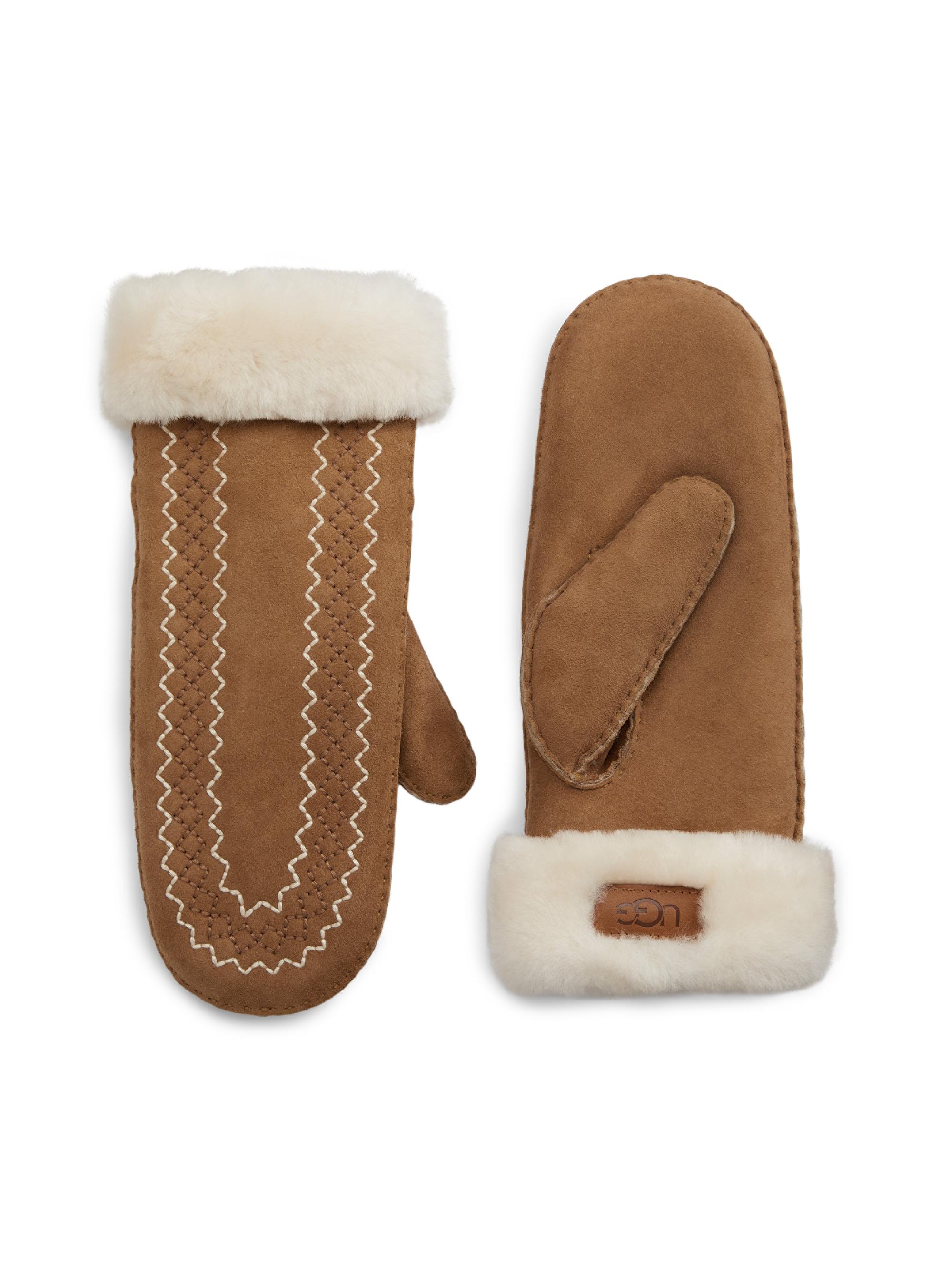 UGG Women's Atherson Embroidered Sheepskin Mittens - Chestnut