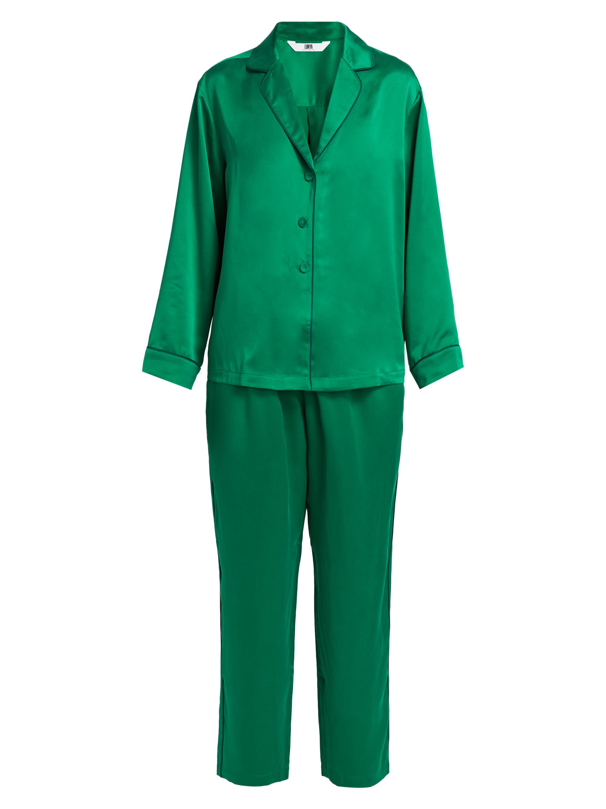 Lunya Women's Piped Washable Silk Long-Sleeve Pajamas - Estuarine Green Noble Emerald - Women's Clothing