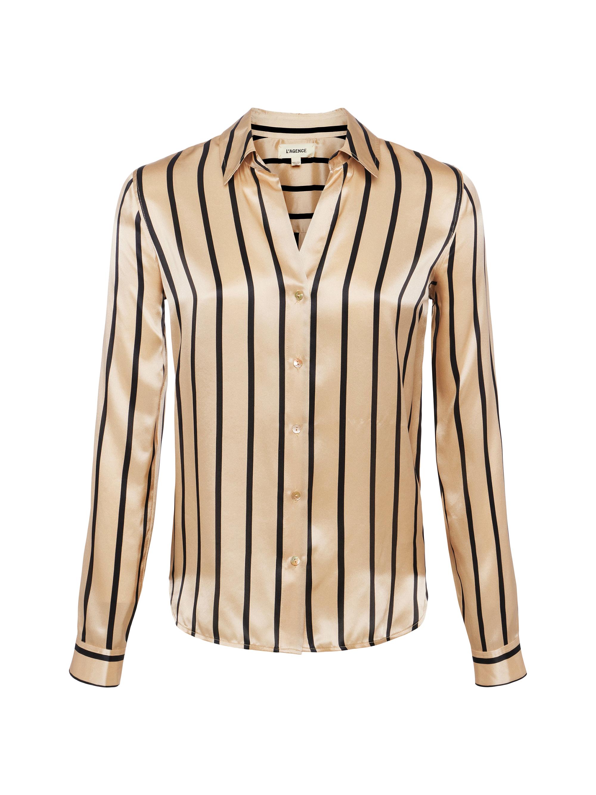 L'AGENCE Women's Tyler Striped Silk Long-Sleeve Top - Almond Black Stripe