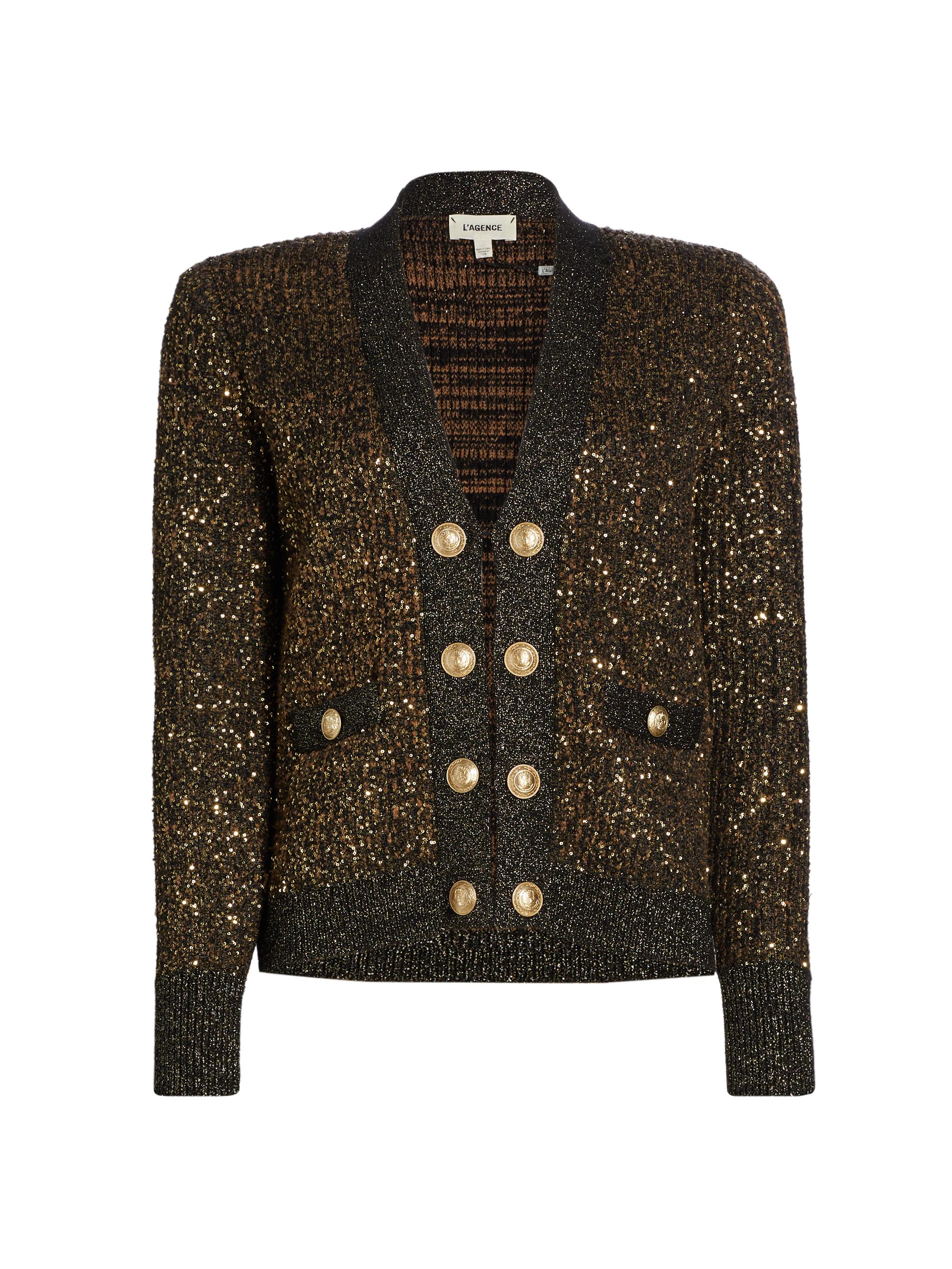 L'AGENCE Women's Jinny Sequin Metallic-Knit V-Neck Cardigan - Black Gold Sequin