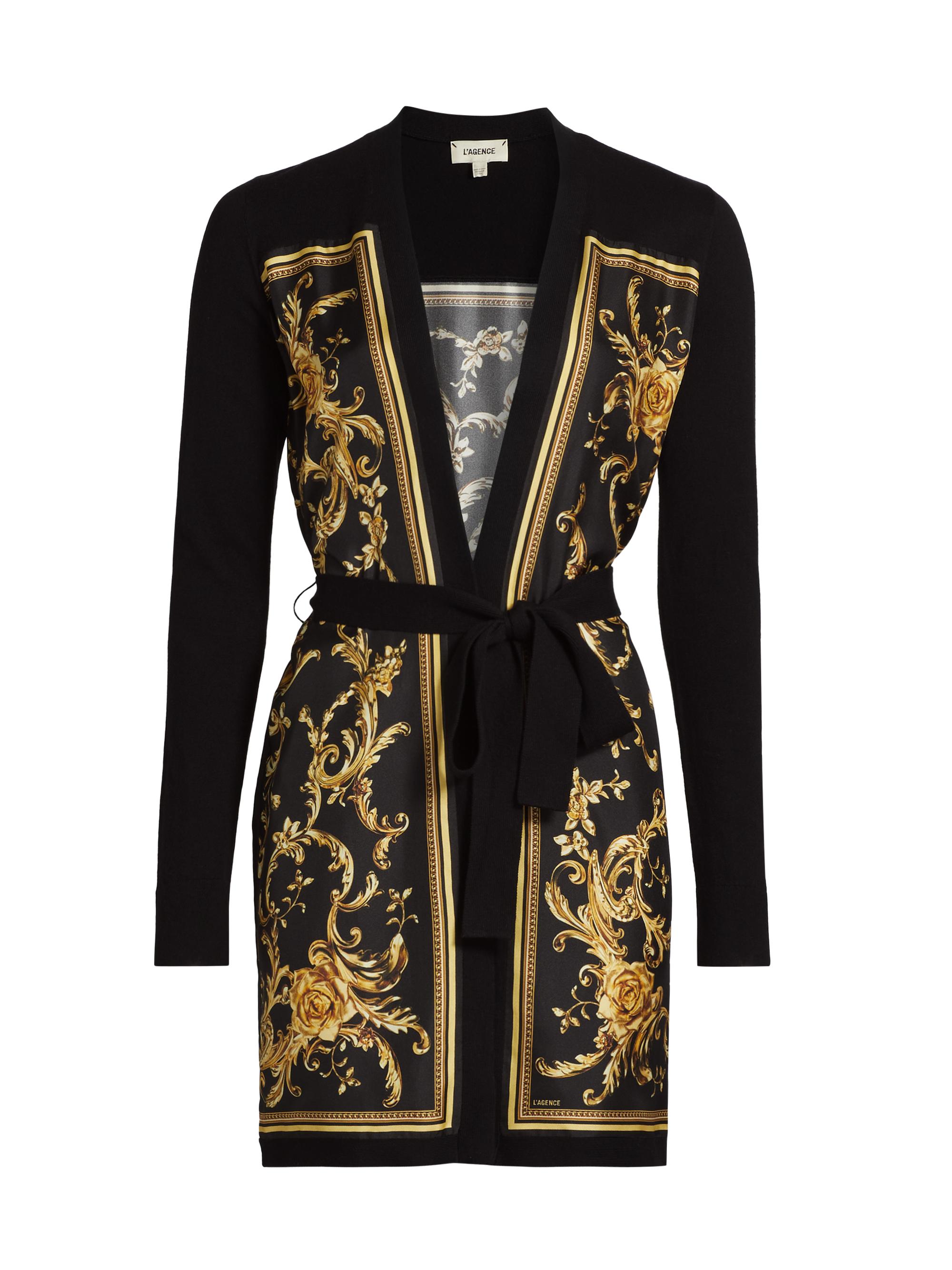 L'AGENCE Women's Beverly Baroque Silk Knit Cardigan - Black Gold Barocco Swirl Scrf