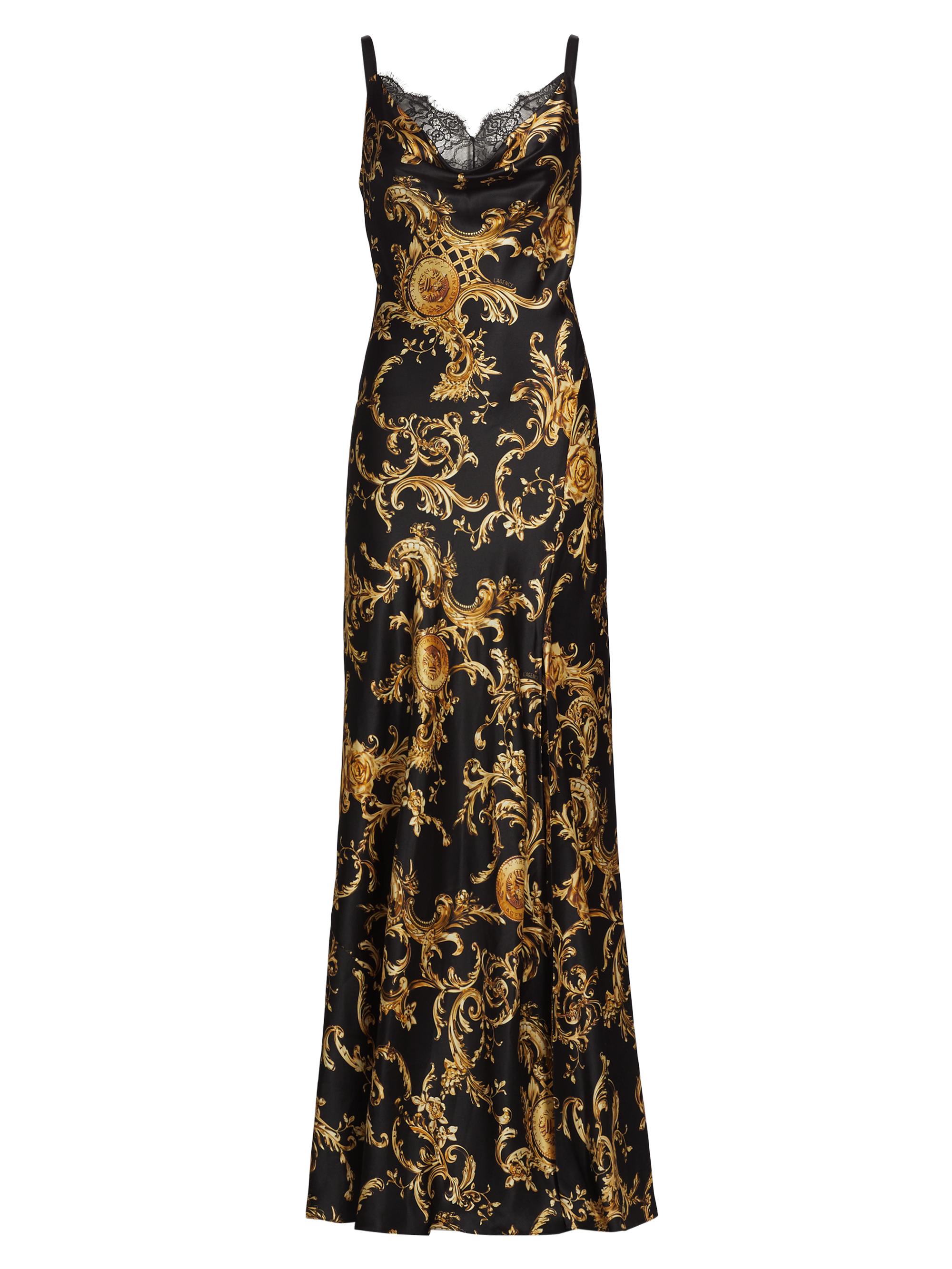 L'AGENCE Women's Venice Baroque Silk-Lace Cowlneck Gown - Black Gold Barocco Swirl