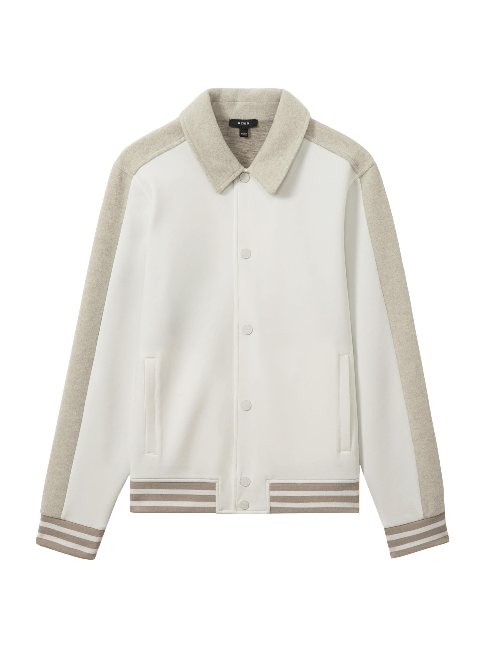 Reiss Men's Arnold Striped Interlock Jersey Bomber Jacket - Optic White Soft Grey Melange