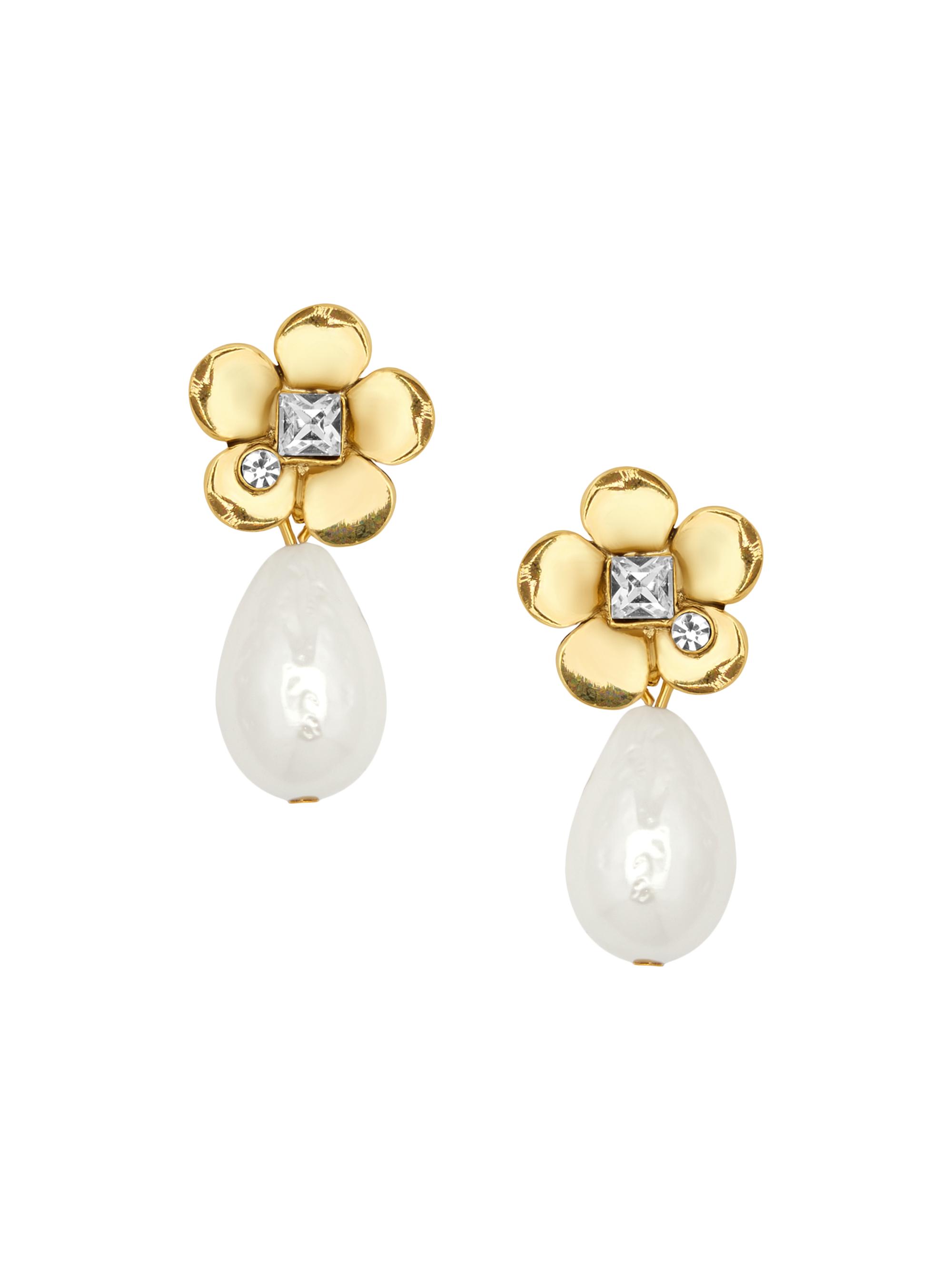 Oscar de la Renta Women's 24K-Gold-Plated, Imitation Pearl & Crystal Flower Drop Earrings - Pearl