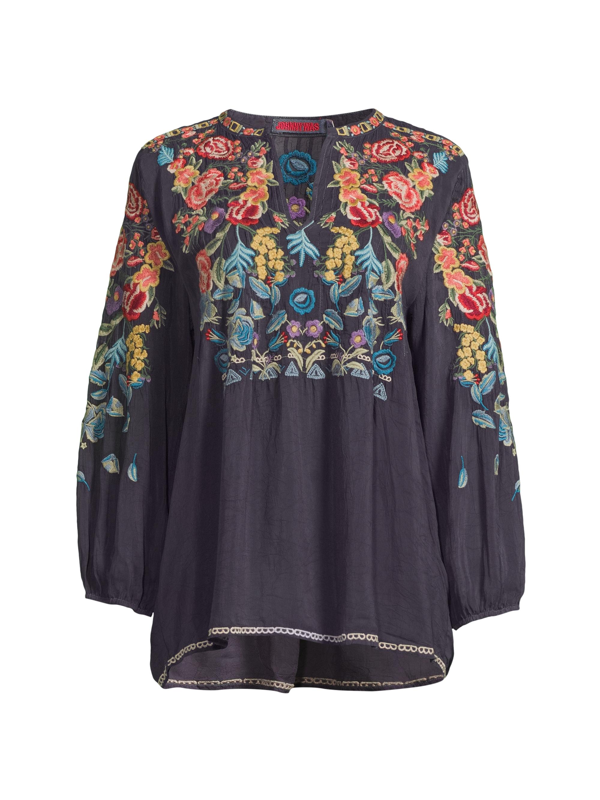 Johnny Was Women's Brucie Embroidered Peasant Blouse - Graphite