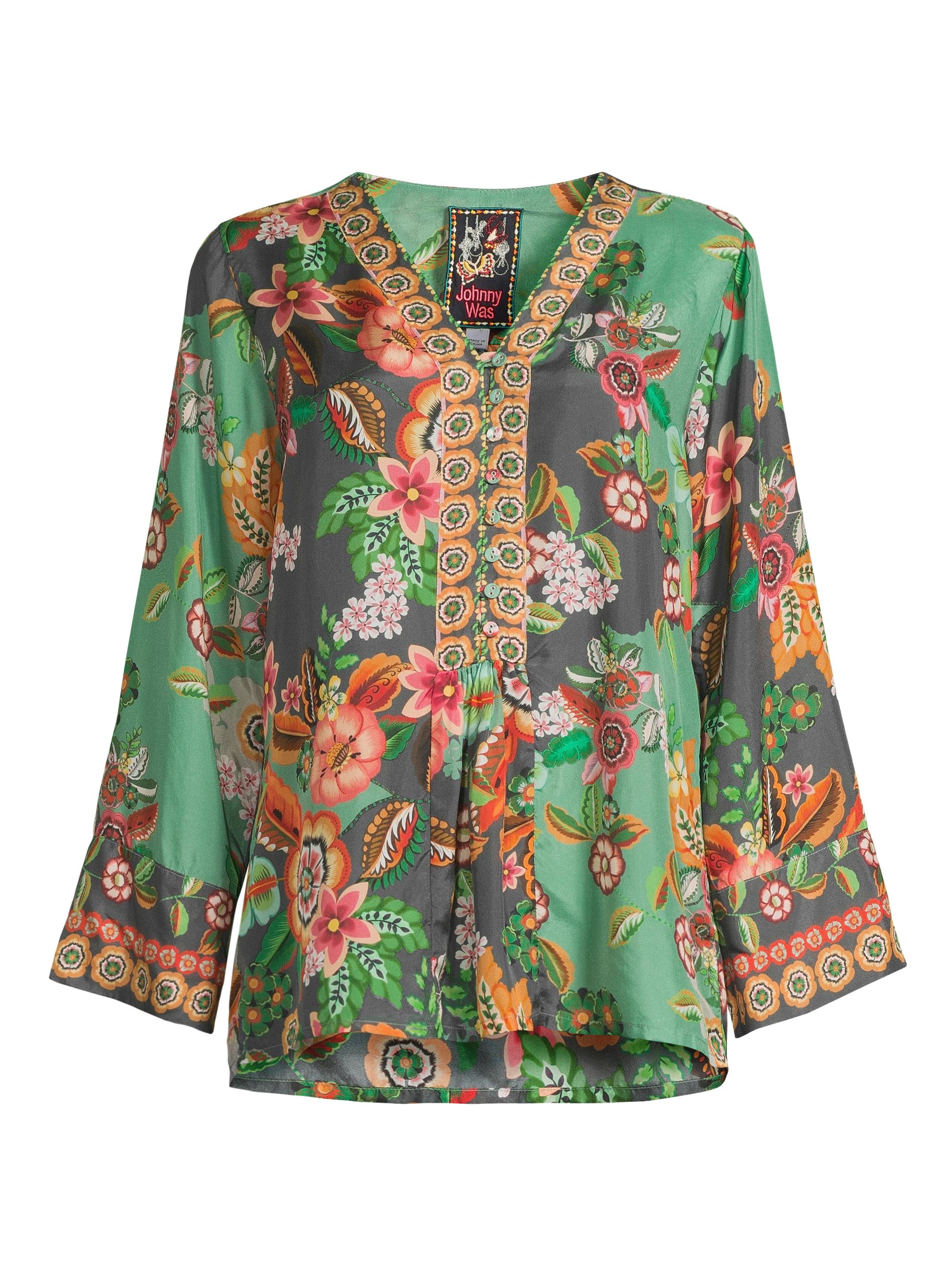 Johnny Was Women's Botina Floral Silk V-Neck Blouse - Clarkwood Teal