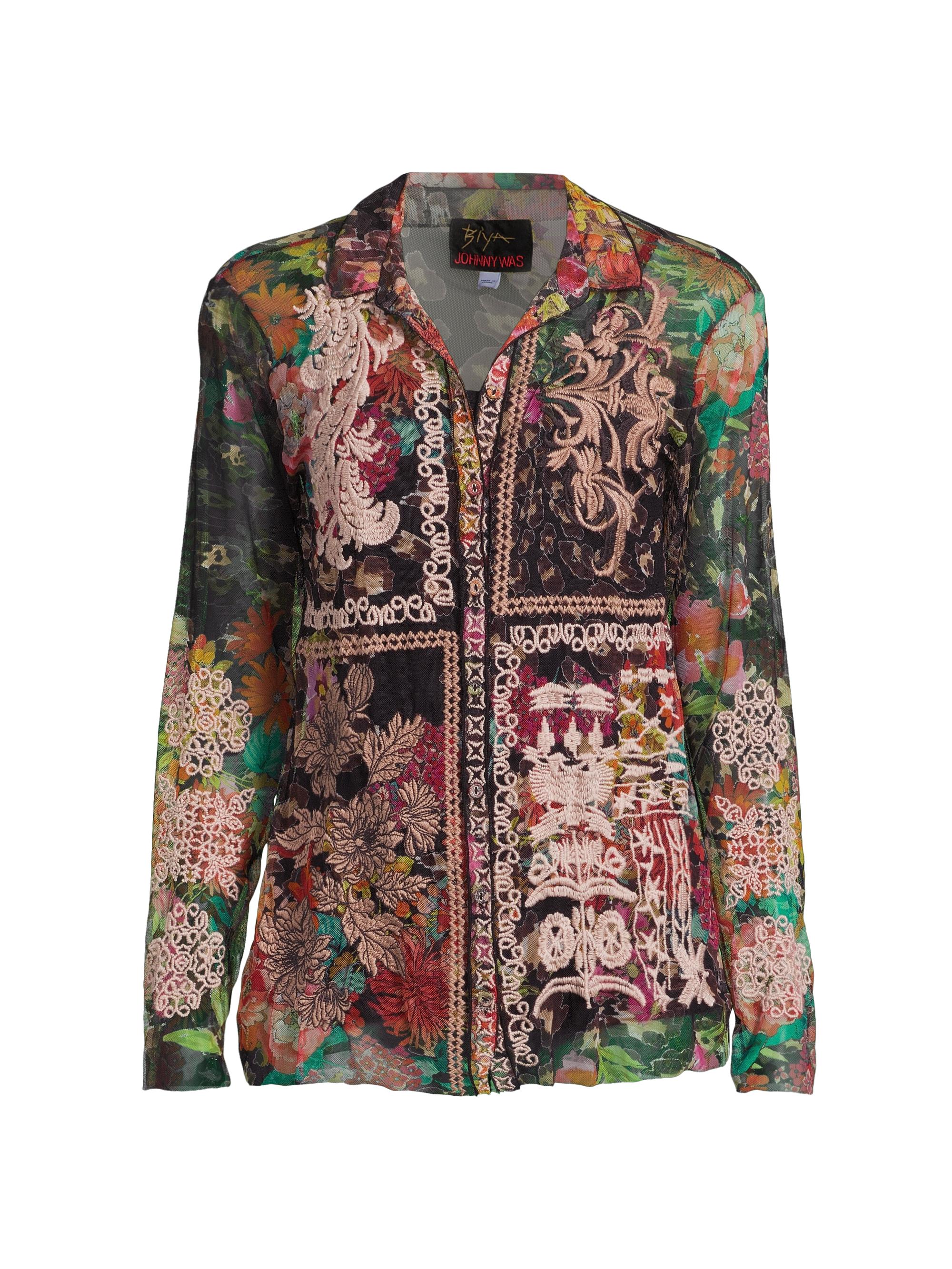 Johnny Was Women's Mazzy Embroidered Floral Button-Front Blouse - Wild Gardenia Night