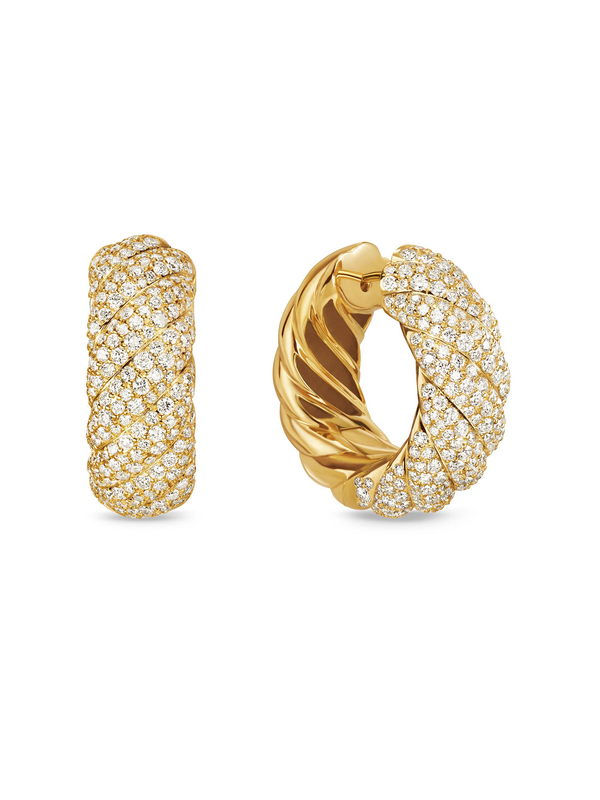 David Yurman Women's Sculpted Cable Hoop Earrings in 18K Yellow Gold with Diamonds, 25MM - Diamond