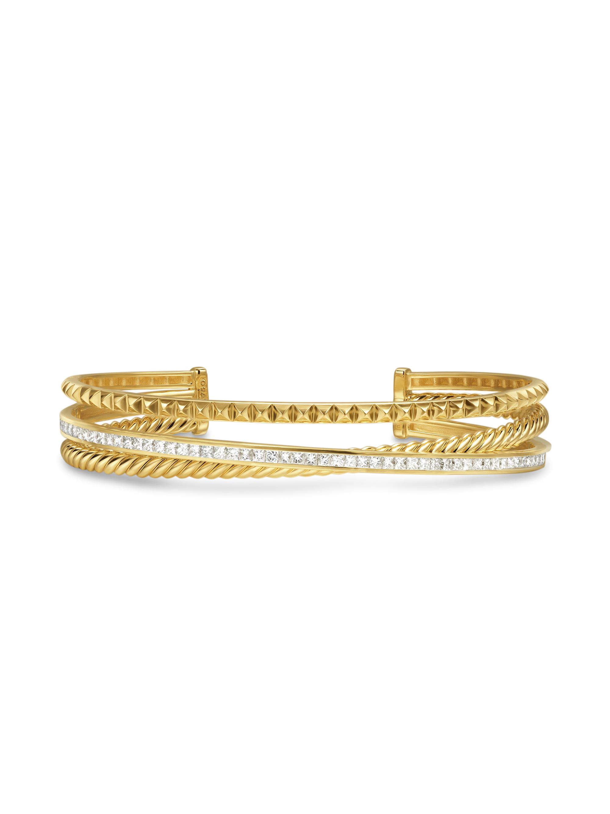 David Yurman Women's Crossover Trio Three Row Cuff Bracelet in 18K Yellow Gold - Diamond