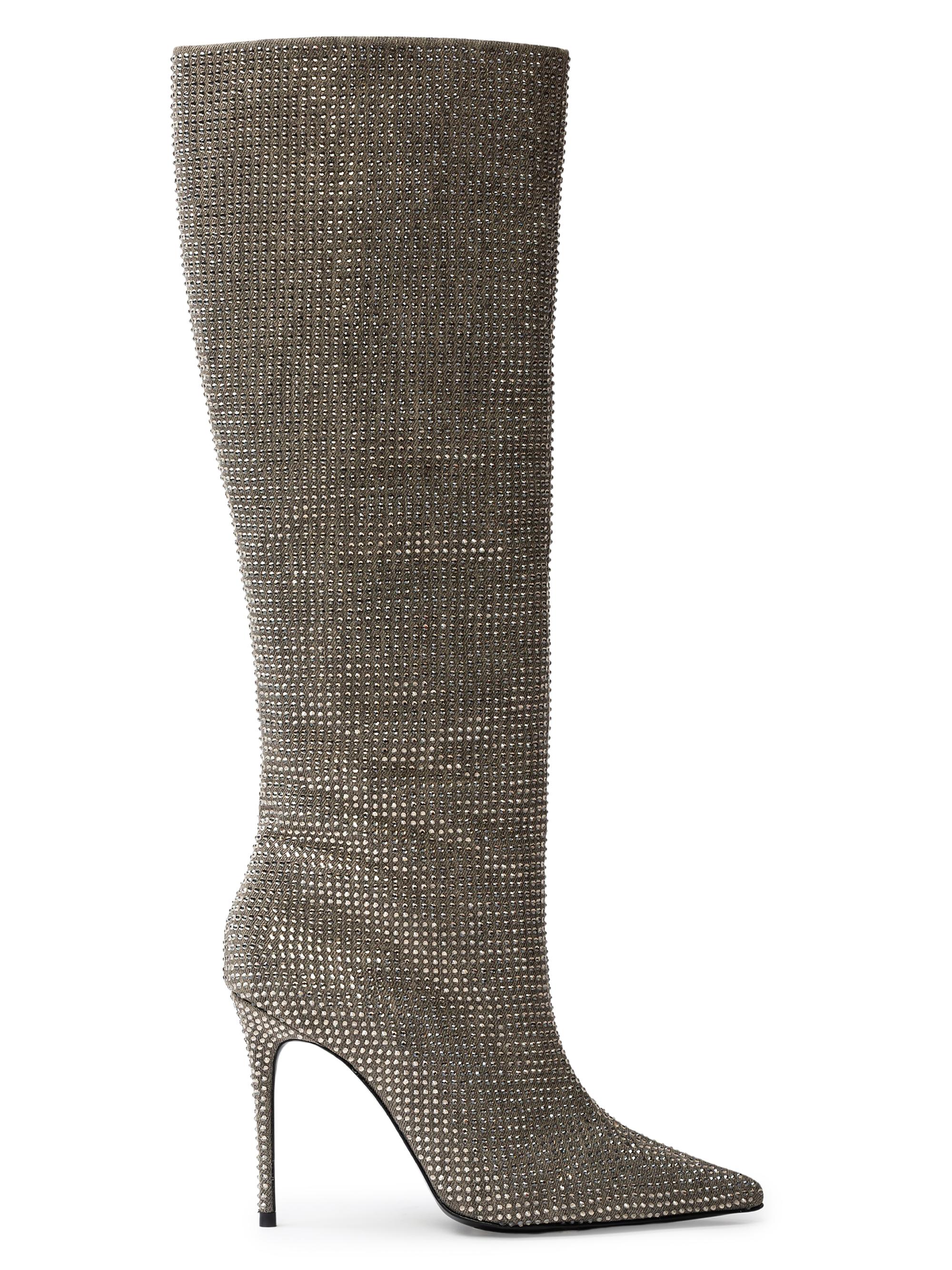 Black Suede Studio Women's Ally 100MM Denim Embellished Boots - Taupe Denim Embellished