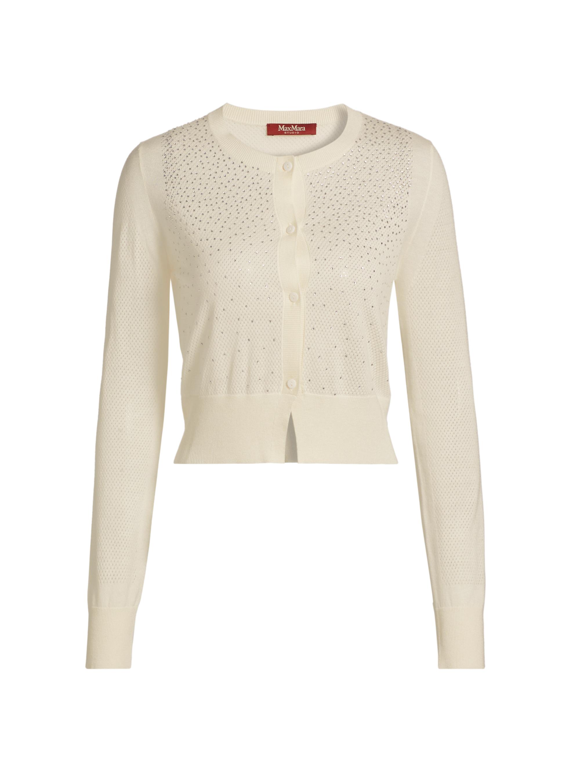 Max Mara Studio Women's Gerusia Embellished Silk-Wool Crewneck Cardigan - White