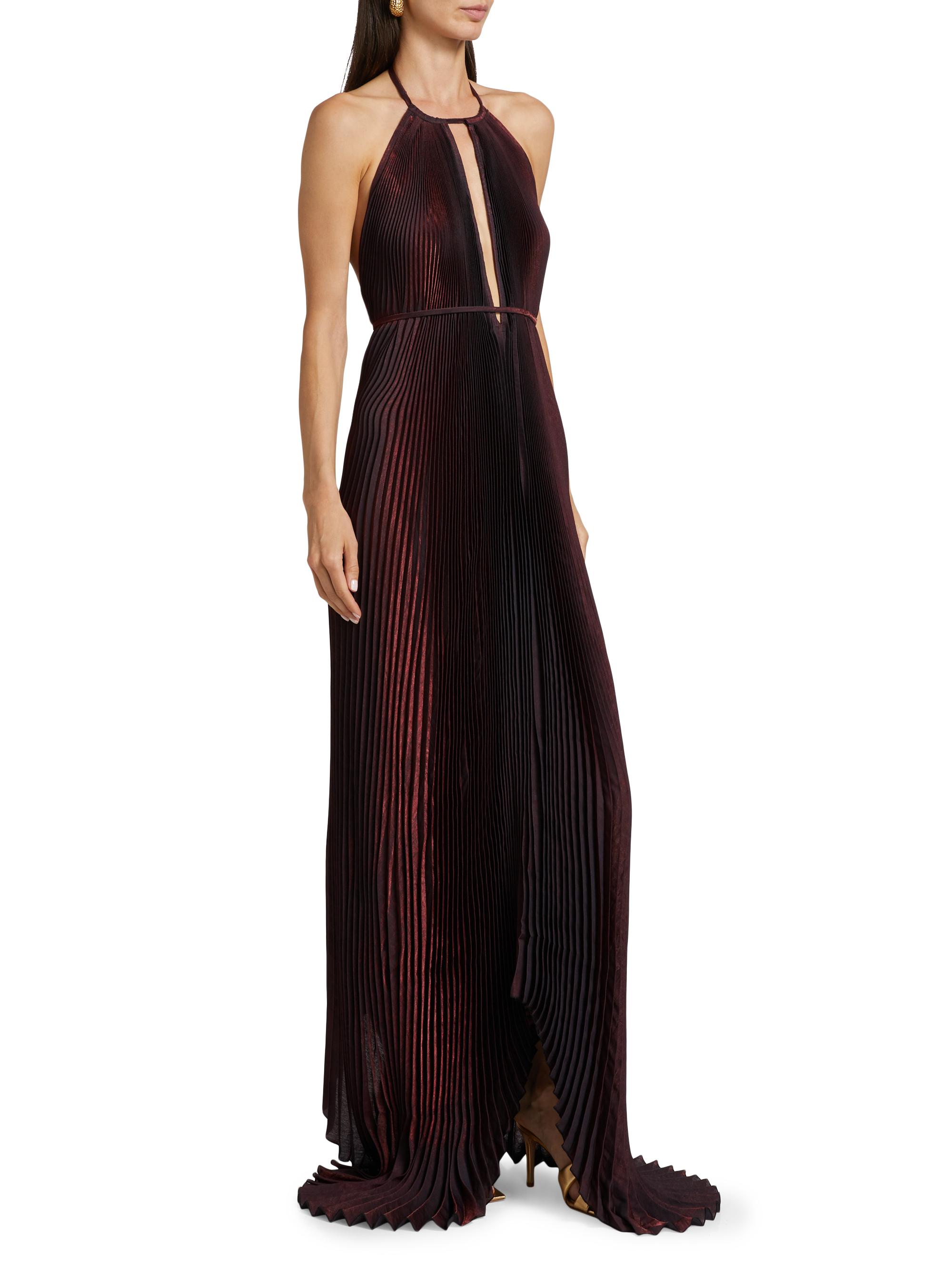 L'Ide Women's La Fete Boheme Shimmer Pleated Halterneck Gown - Merlot Shimmer - Size 10