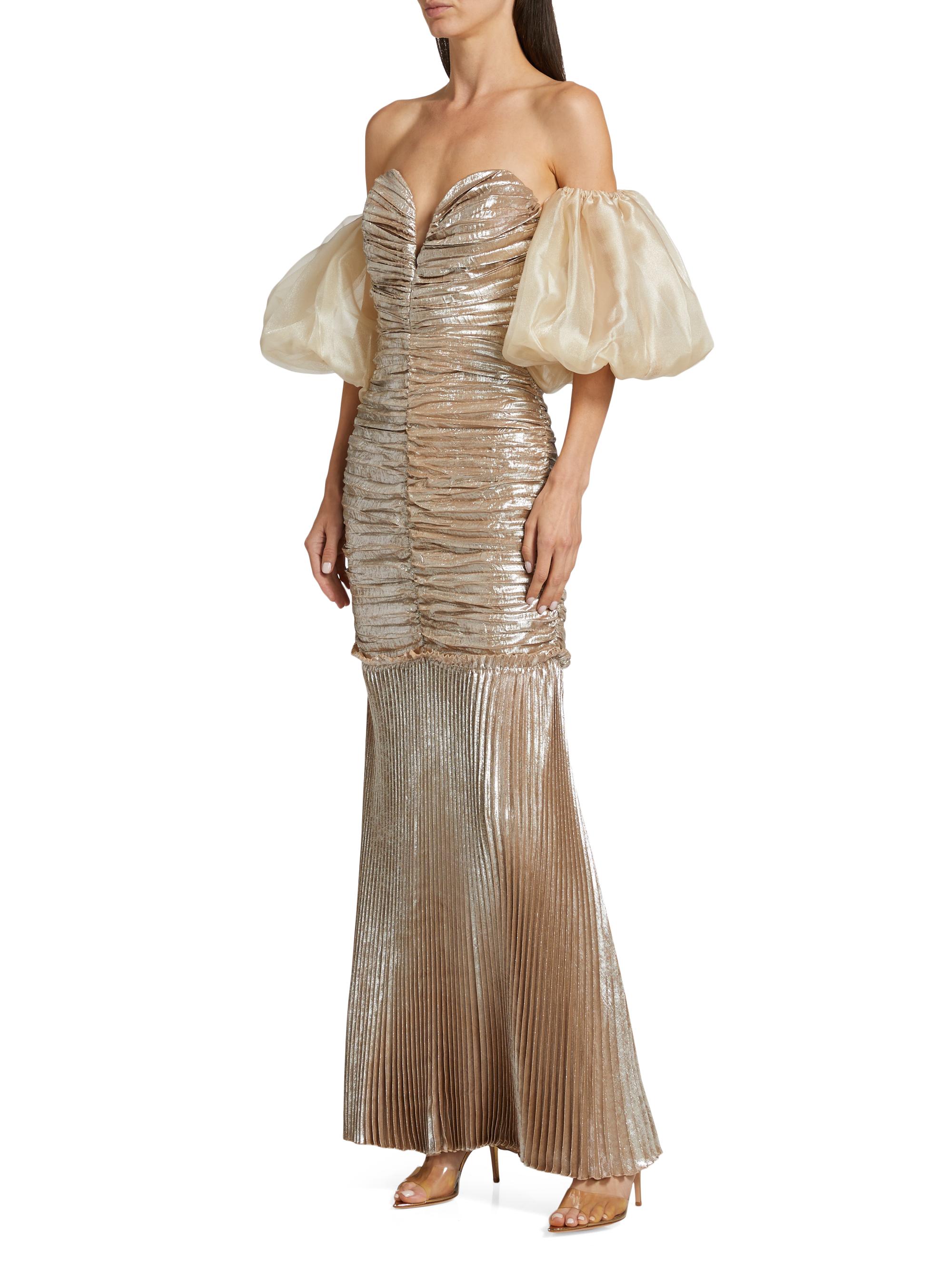 L'Idée La Fete Parlour Metallic Ruched Balloon-Sleeve Gown