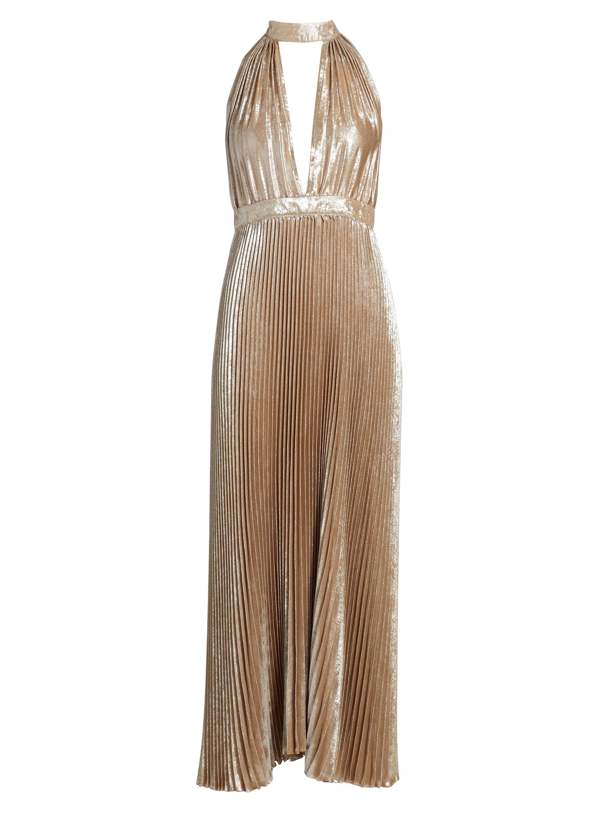 L'Idée Women's La Fête Chateau Metallic Pleated Halterneck Gown - Desert Shimmer