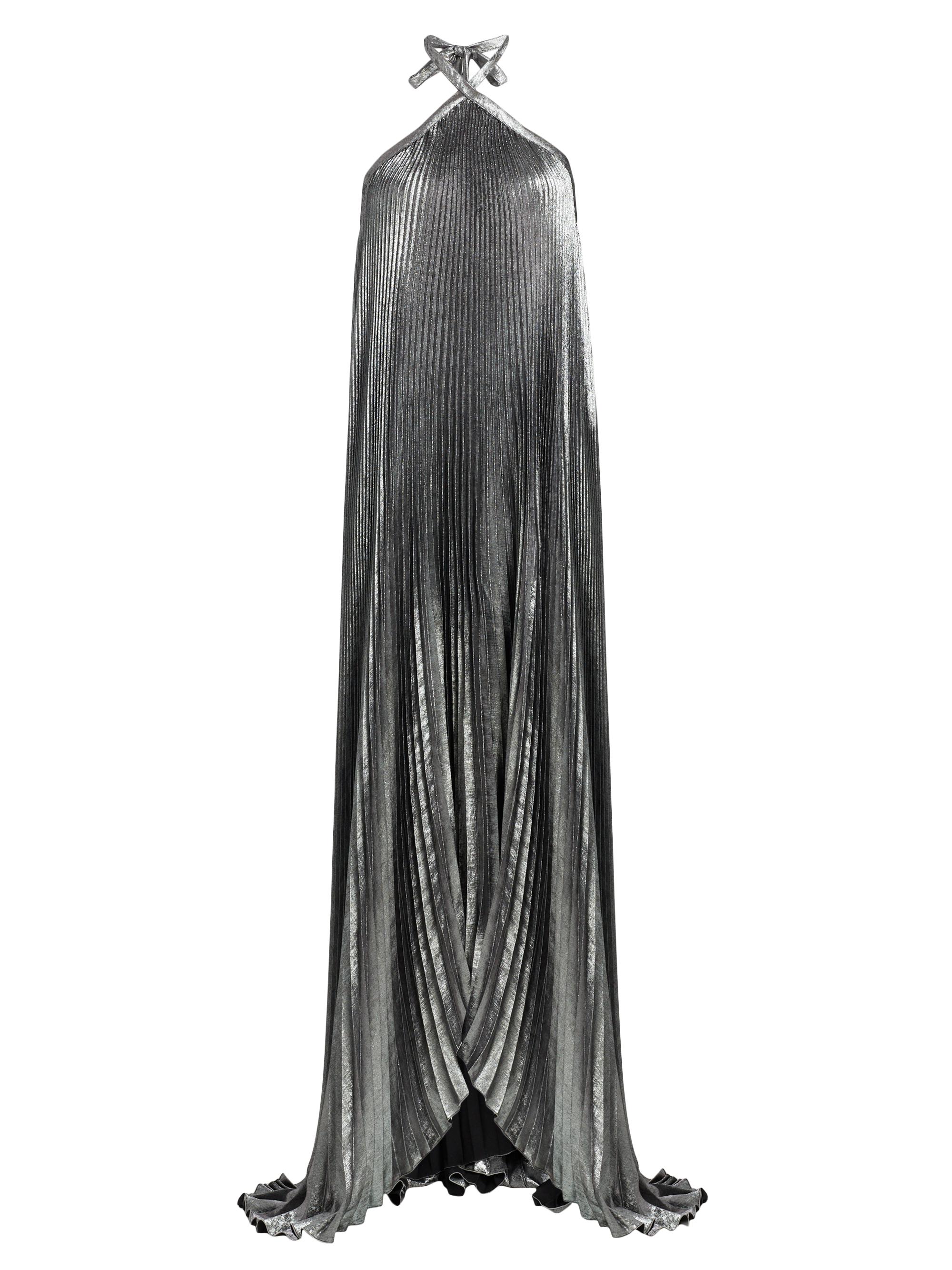 L'Idée Women's La Fête Déesse Metallic Asymmetric Pleated Halterneck Gown - Gunmetal Shimmer