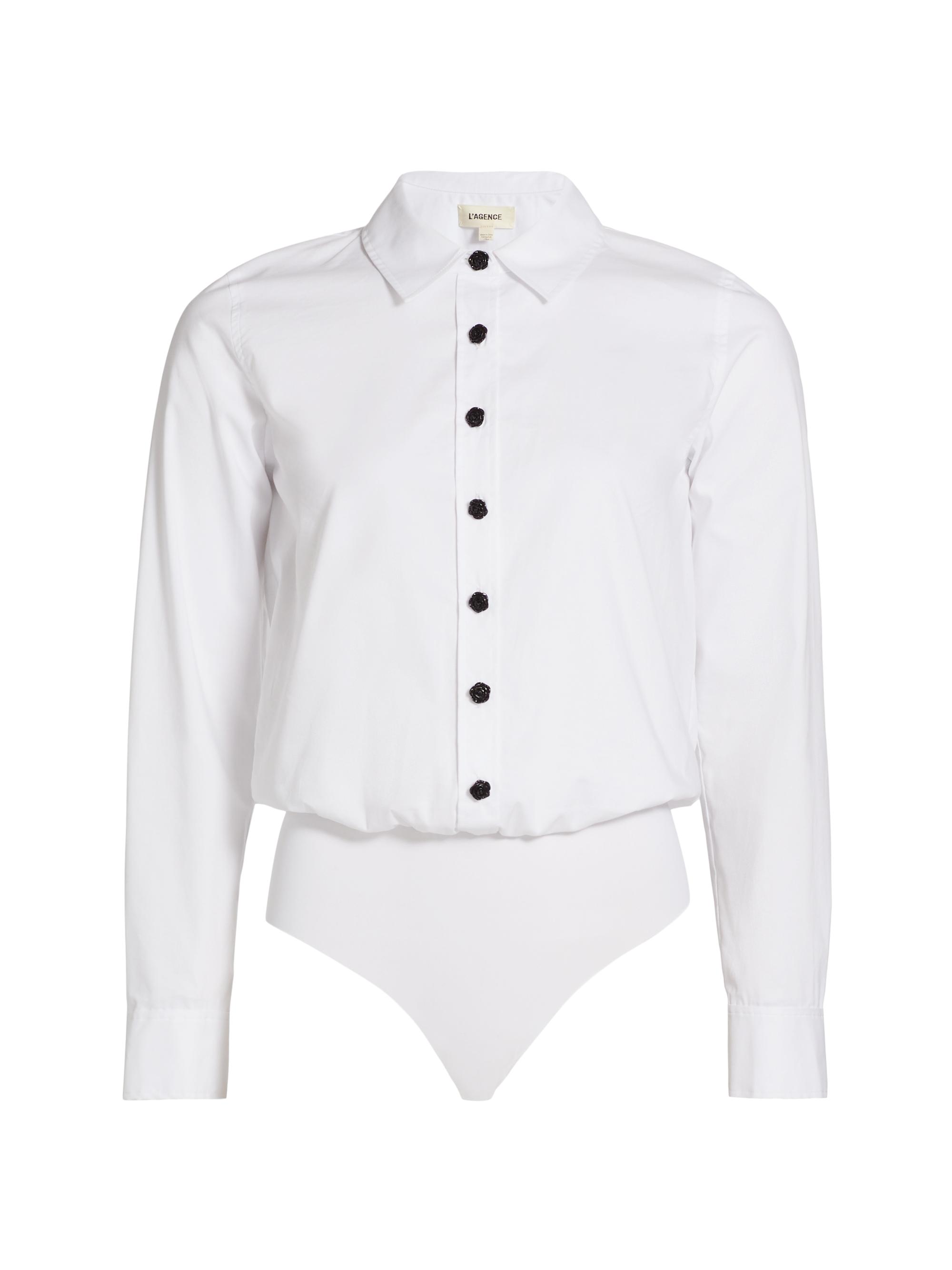 L'AGENCE Women's Blake Cotton-Blend Long-Sleeve Bodysuit - White Black Rose