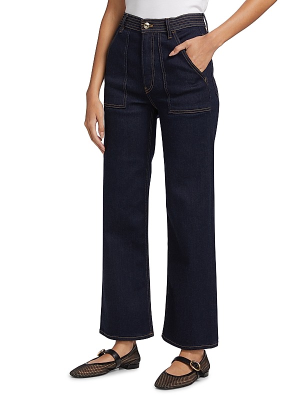 Shop Frame Trapunto Denim High-Rise Straight-Leg Jeans Shop Frame Trapunto Denim High-Rise Straight-Leg Jeans