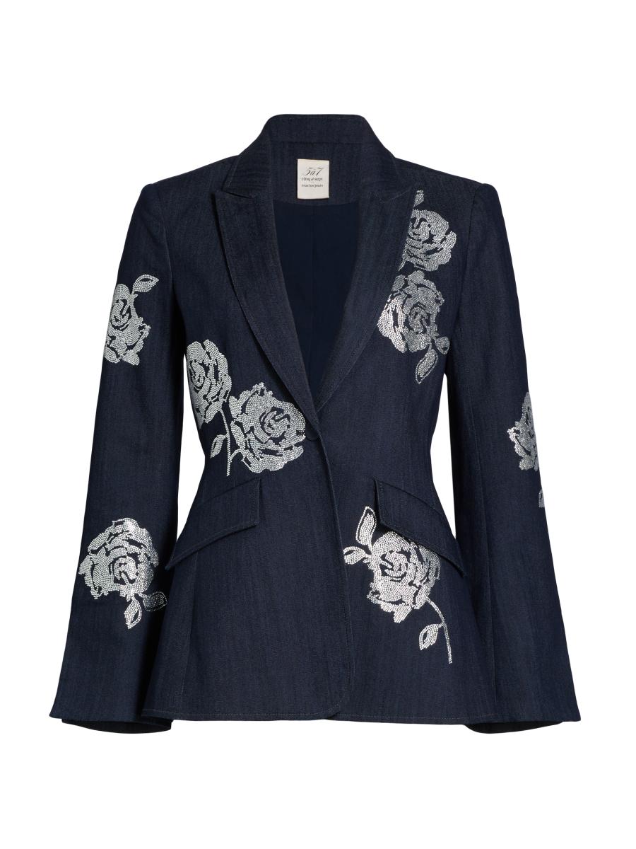ジャケット Rabanne Blazers NEW Cinq A Sept Cheyenne Rhinestone Flower Blazer in Navy