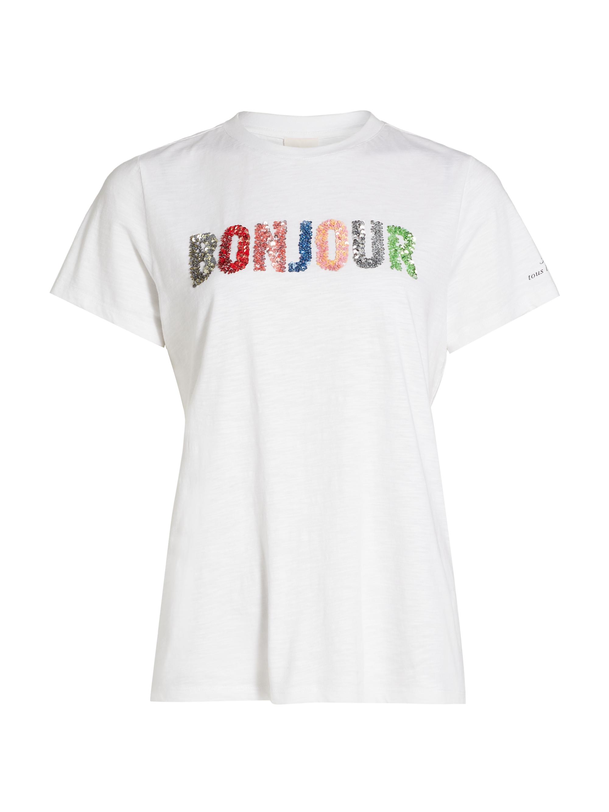 CINQ A SEPT Women's Bonjour Paillettes Cotton T-Shirt - White Multi