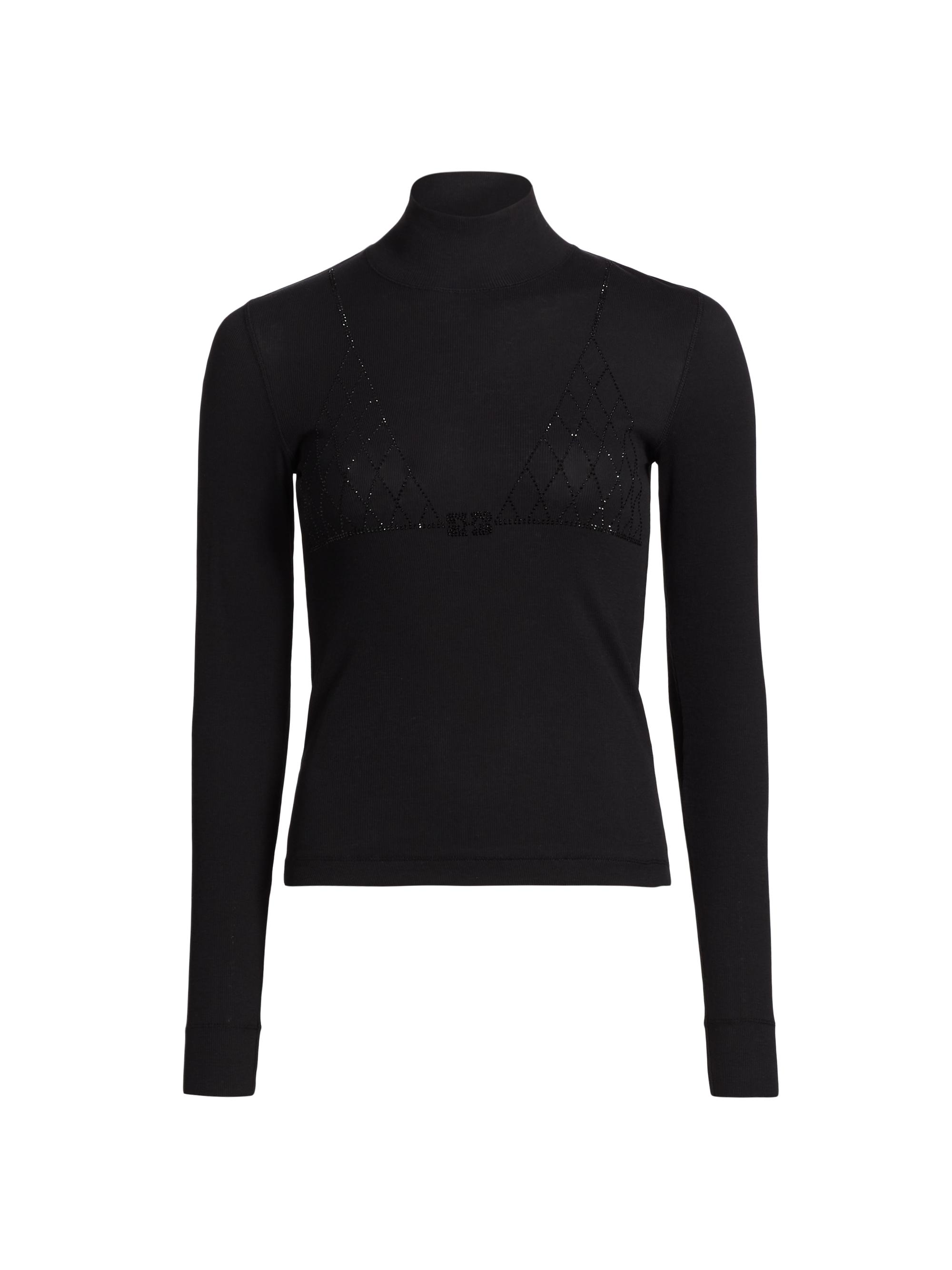 Ganni Women's Ribbed Rhinestone Turtleneck Top - Black