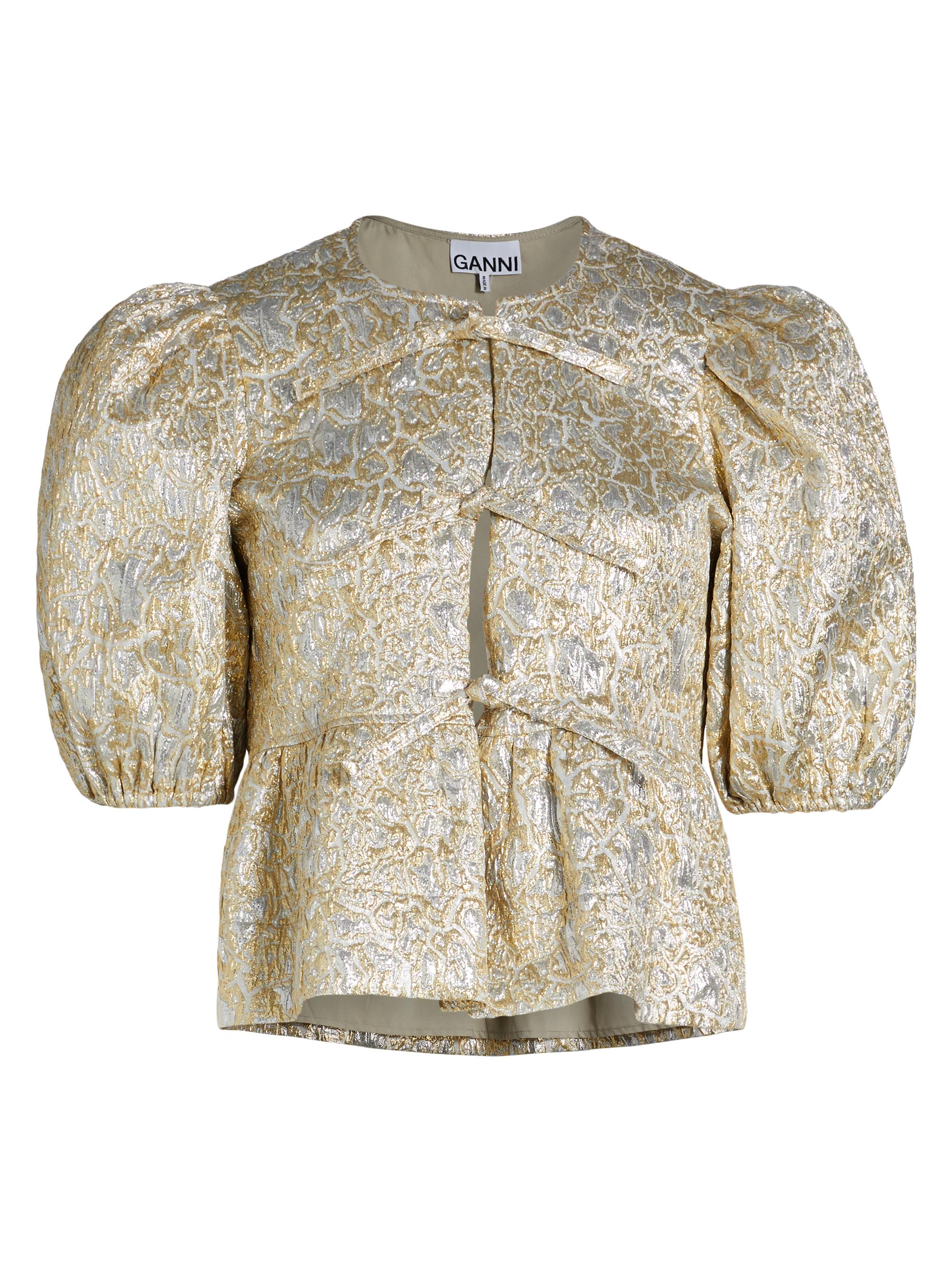 Ganni Women's Metallic Cloque Peplum Blouse - Gold Silver