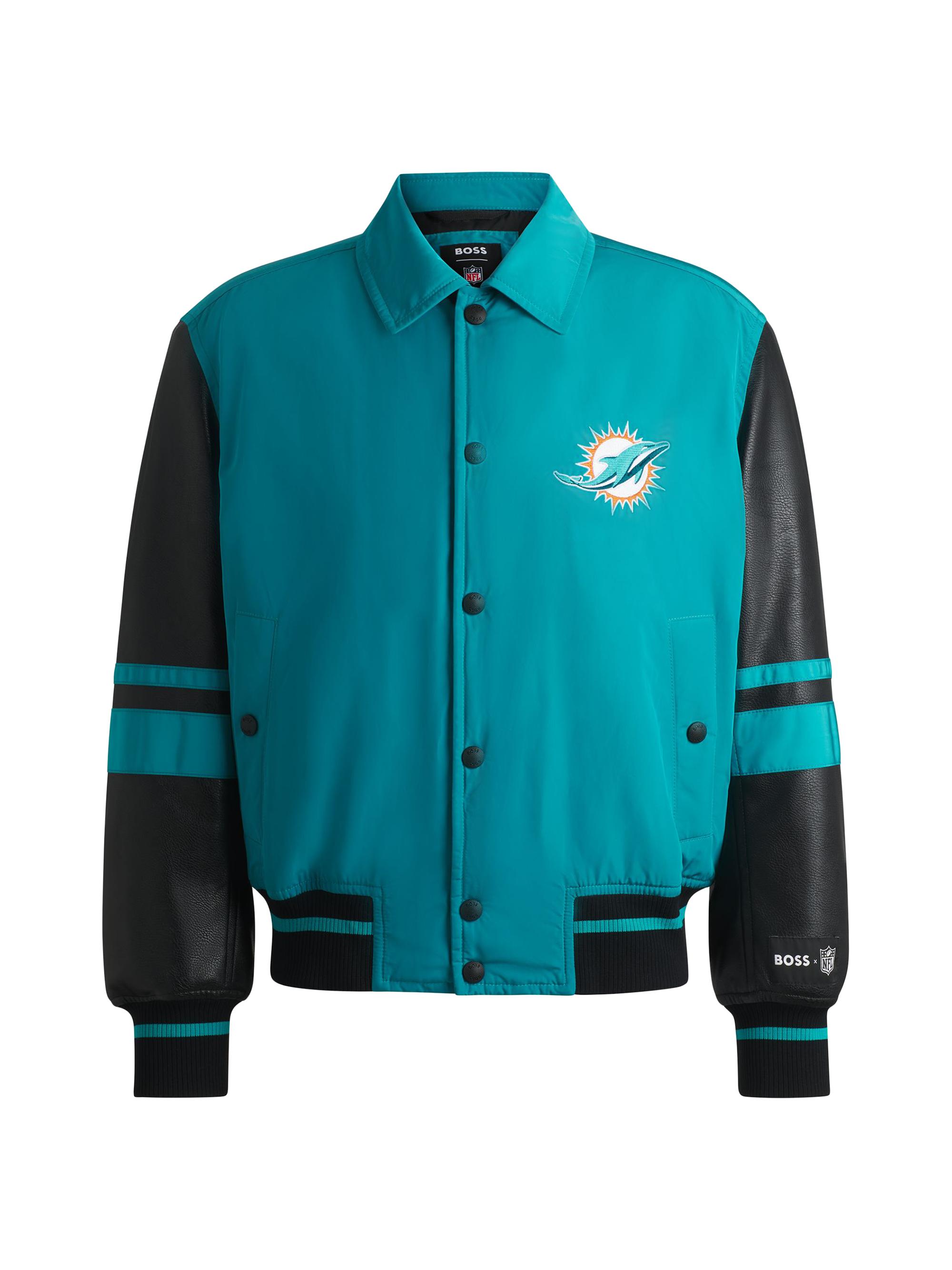 BOSS Men's  x NFL Mixed-Material Jacket with Faux-Leather Sleeves - Miami Dolphins Open Green