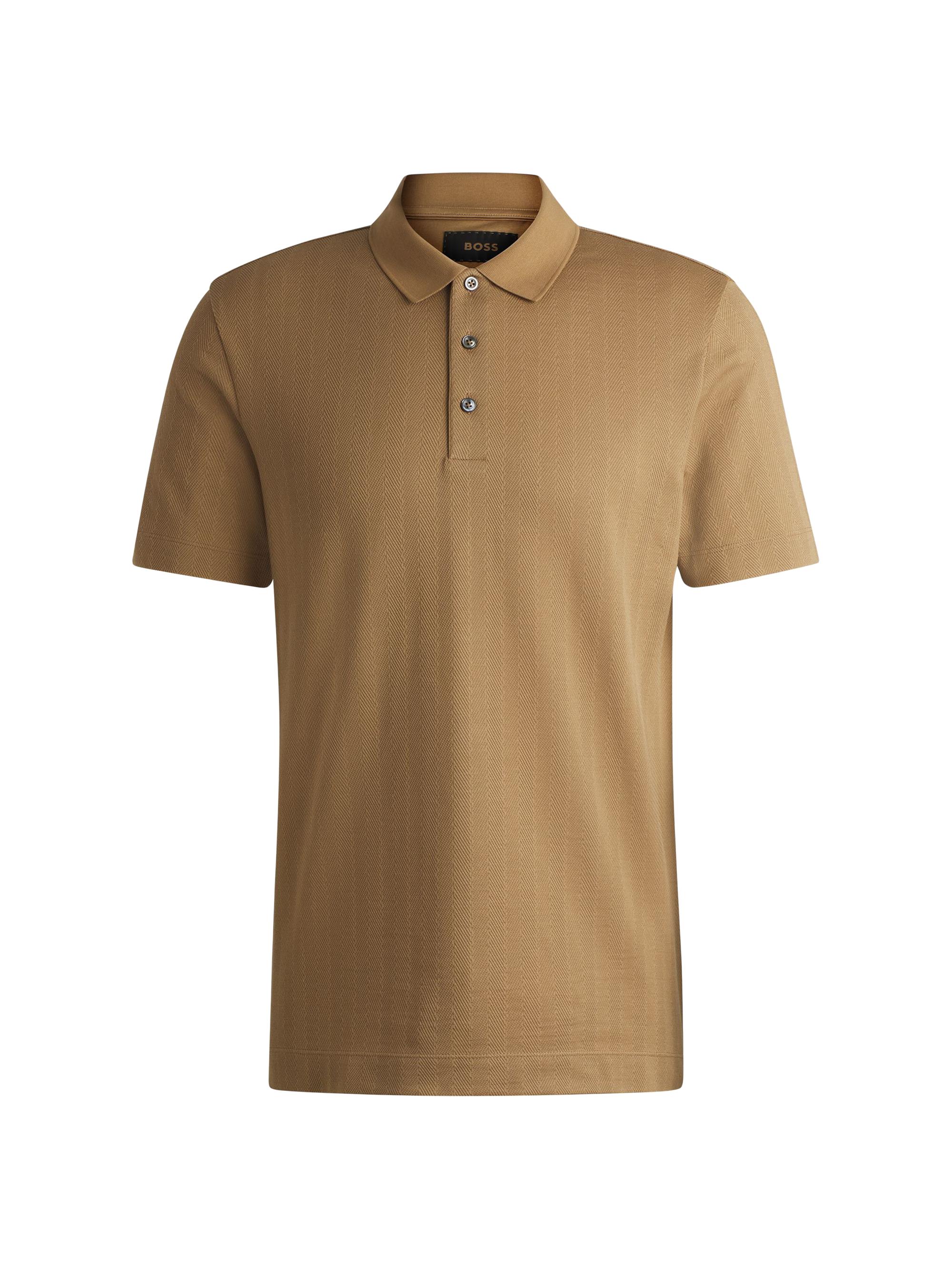 BOSS Men's Herringbone-Jacquard Polo Shirt in Cotton and Wool - Beige