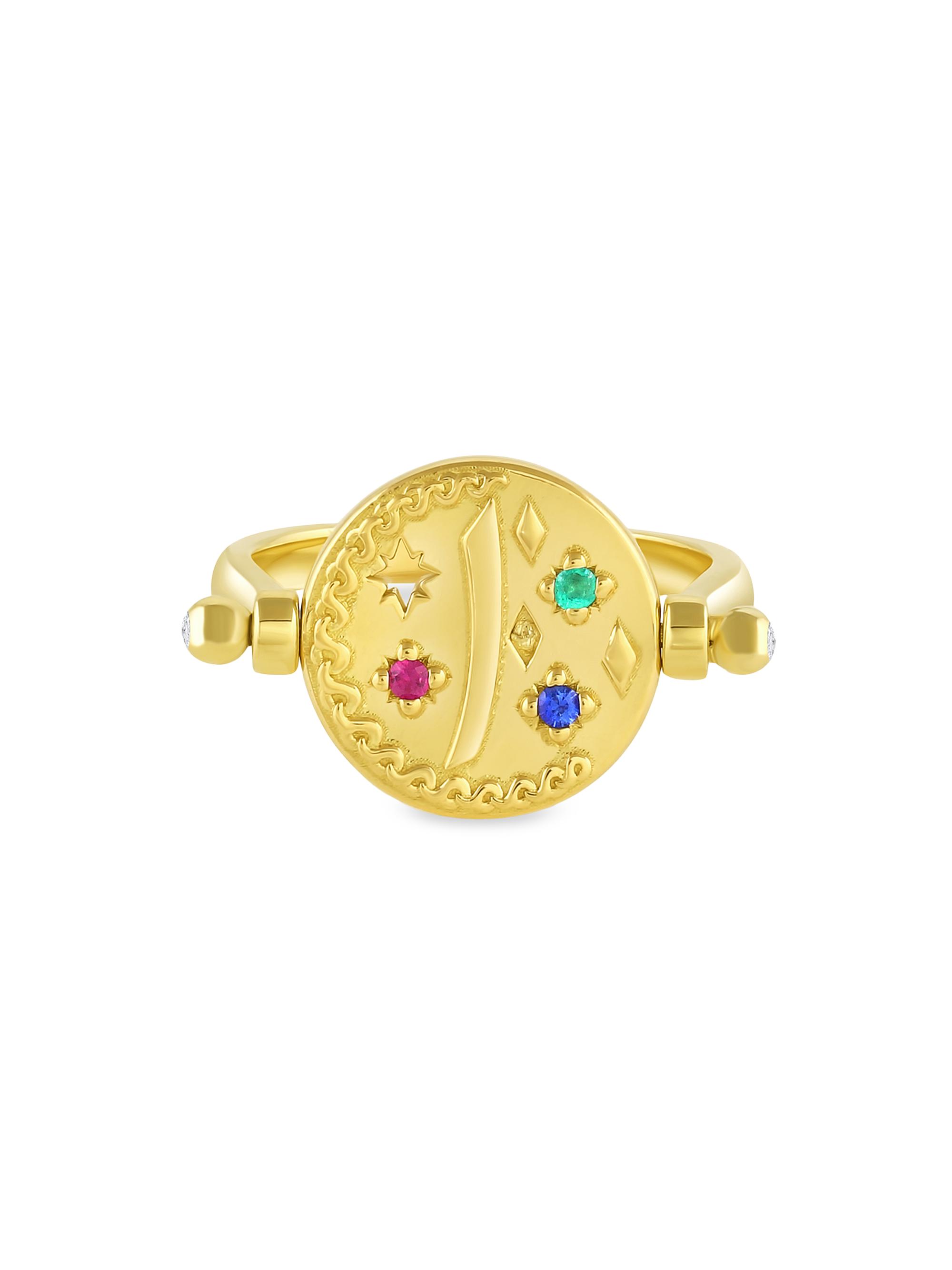 Mazahri Women's Symbology 18K Yellow Gold & Multi-Gemstone Yak Coin Swivel Ring - Gold