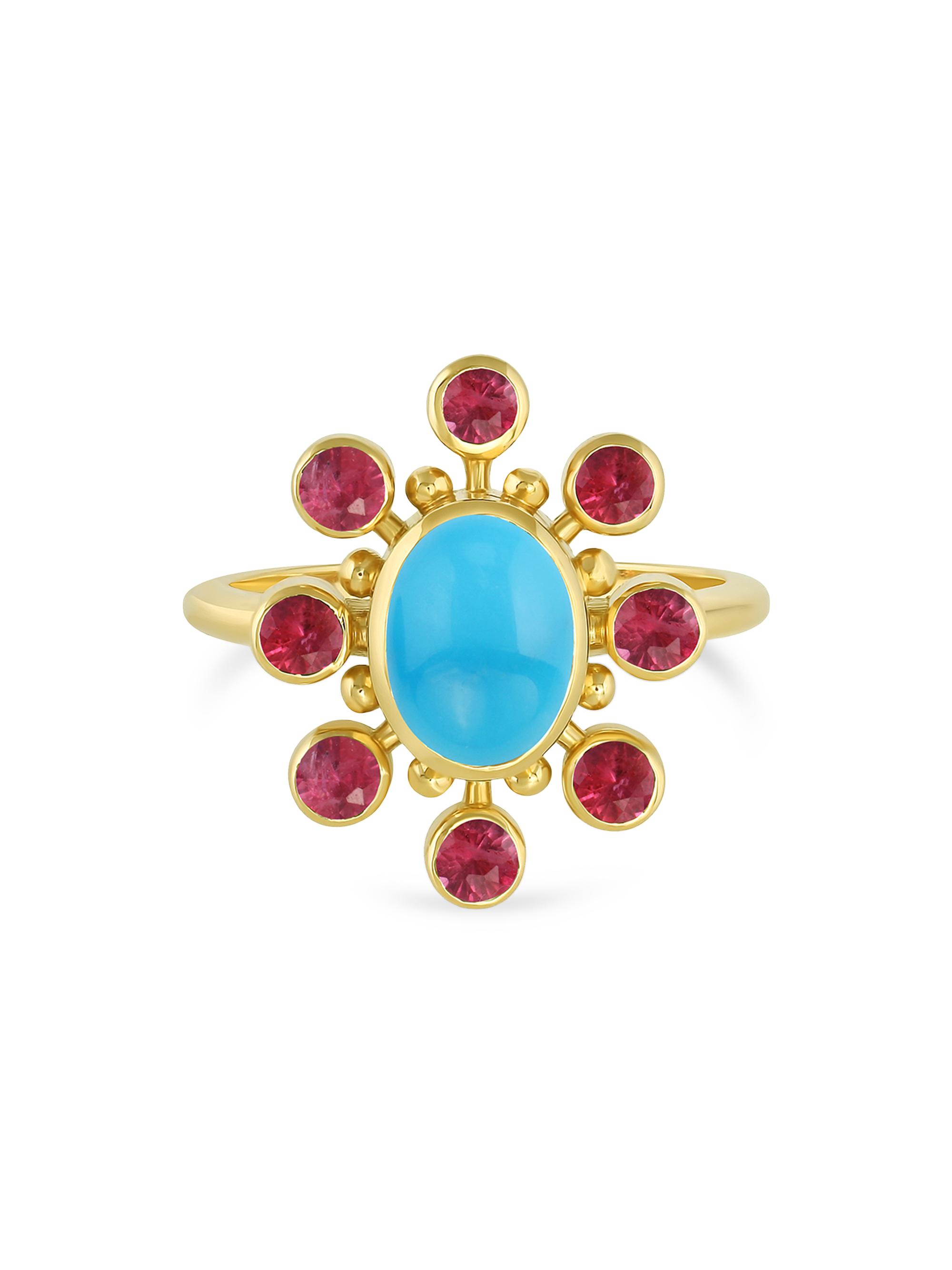 Mazahri Women's Tillya Tepe Cosmos 18K Yellow Gold, Sleeping Beauty Turquoise & Ruby Ring - Turquoise