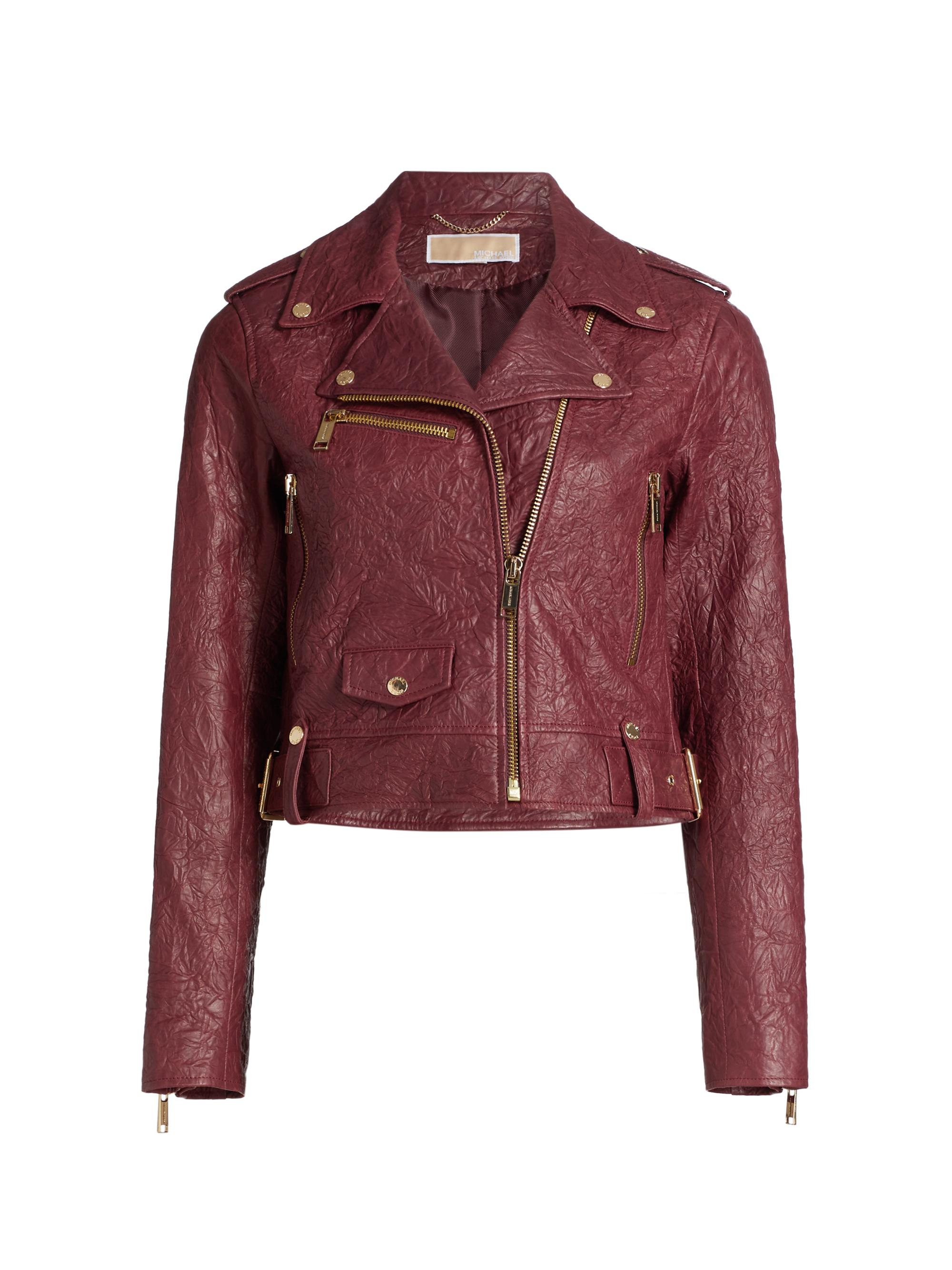 MICHAEL Michael Kors Women's Leather Crop Moto Jacket - Dark Brandy